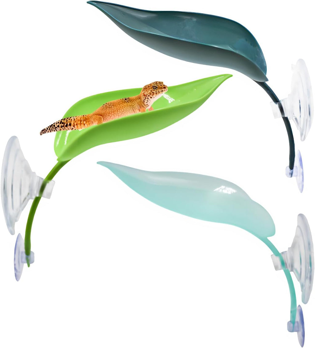 3 Pack Plastic Leaf Decorations with Suction Cups, Gecko Tank Accessories, Reptile Terrarium Decorations for Crested Geckos, Leopard Geckos