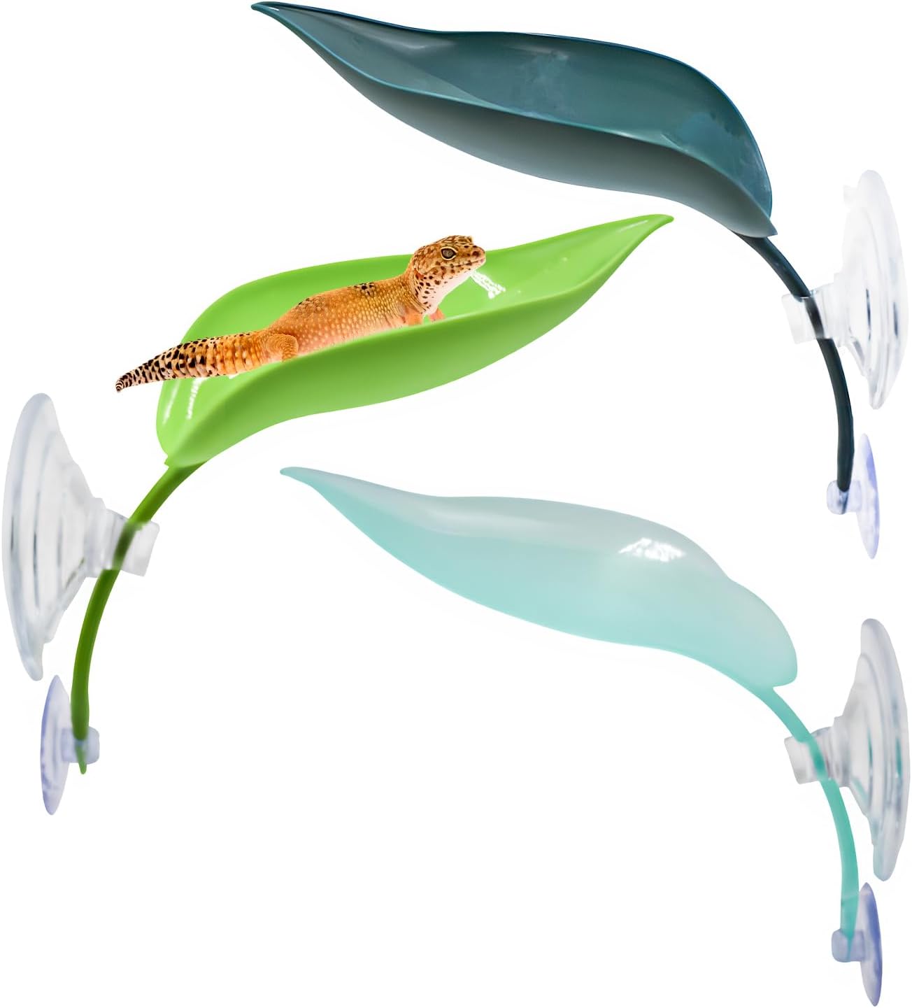 3 Pack Plastic Leaf Decorations with Suction Cups, Gecko Tank Accessories, Reptile Terrarium Decorations for Crested Geckos, Leopard Geckos