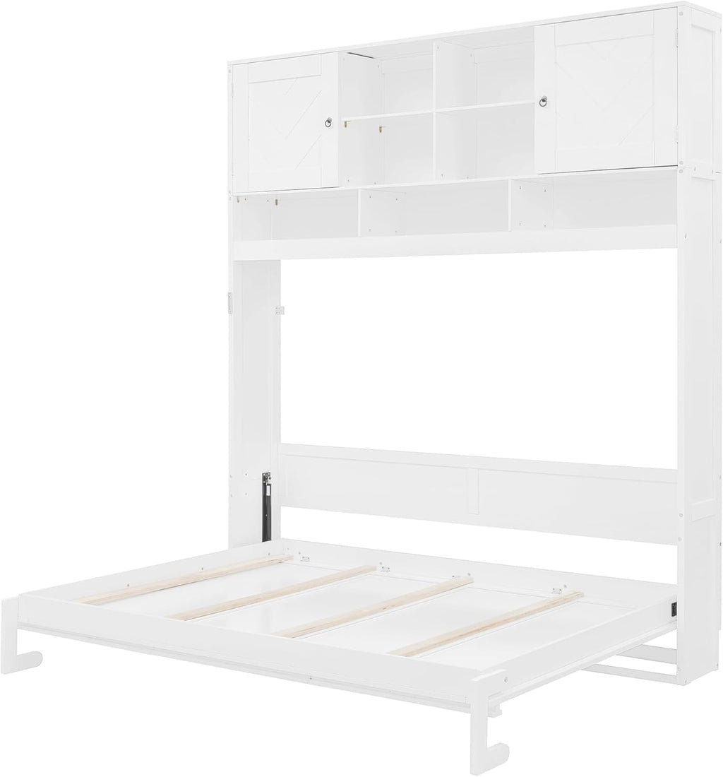 Merax Queen Size Murphy Bed Wall Bed with Top Cabinets and Shelves, Space-Saving Design Foldable Platform Bed Frame, Multifunctional Bed for Bedroom, Guest Room, Home Office, White (Chevron Stripes)
