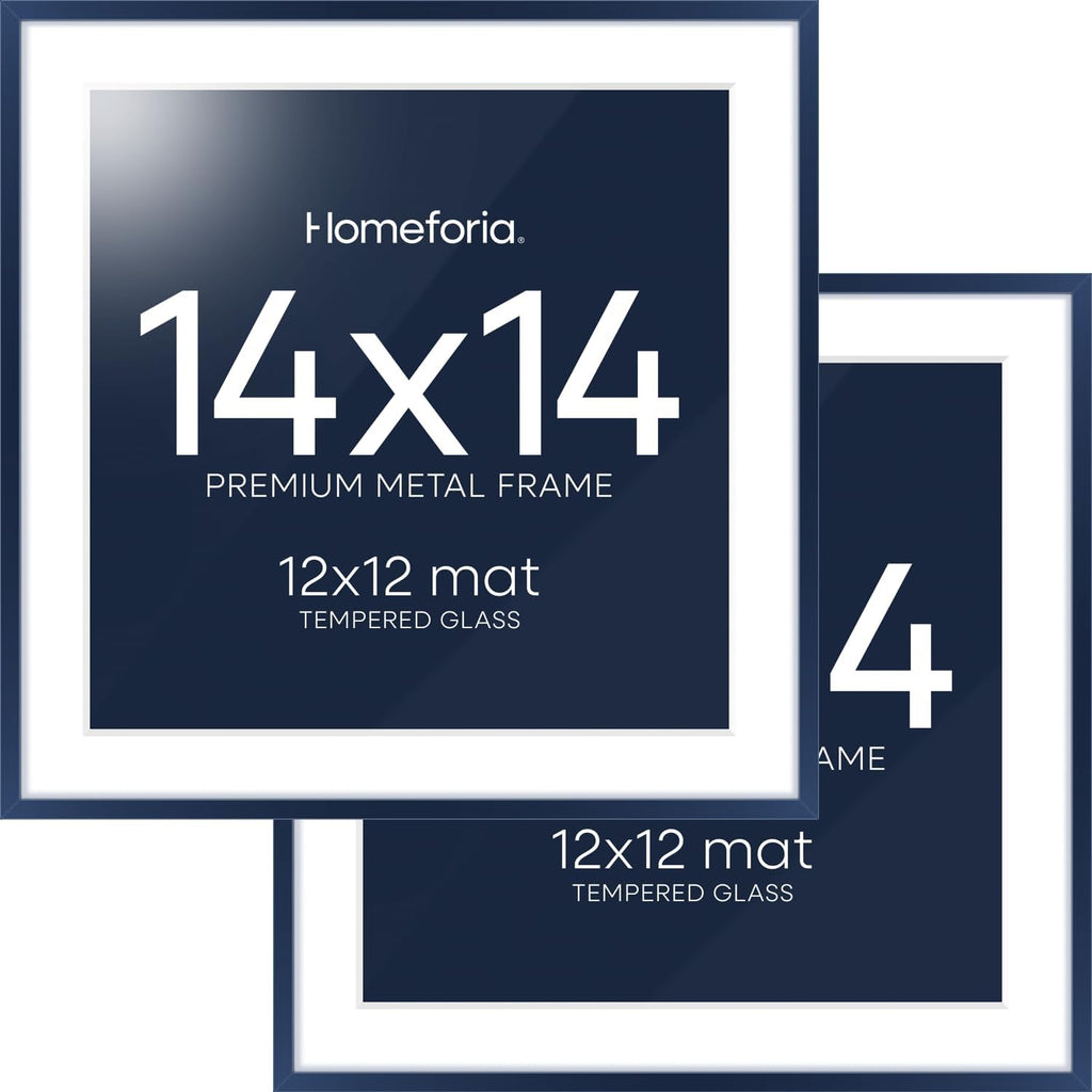 Homeforia 14x14 Picture Frame Navy Blue, High End Metal 14 x 14 Square Poster Frame with Mat 12 x 12 Photo, 14x14 Frame Matted to 12x12 Print, 14by14 Hanging Frames, Tempered Glass, Wall Kit, Set of 2