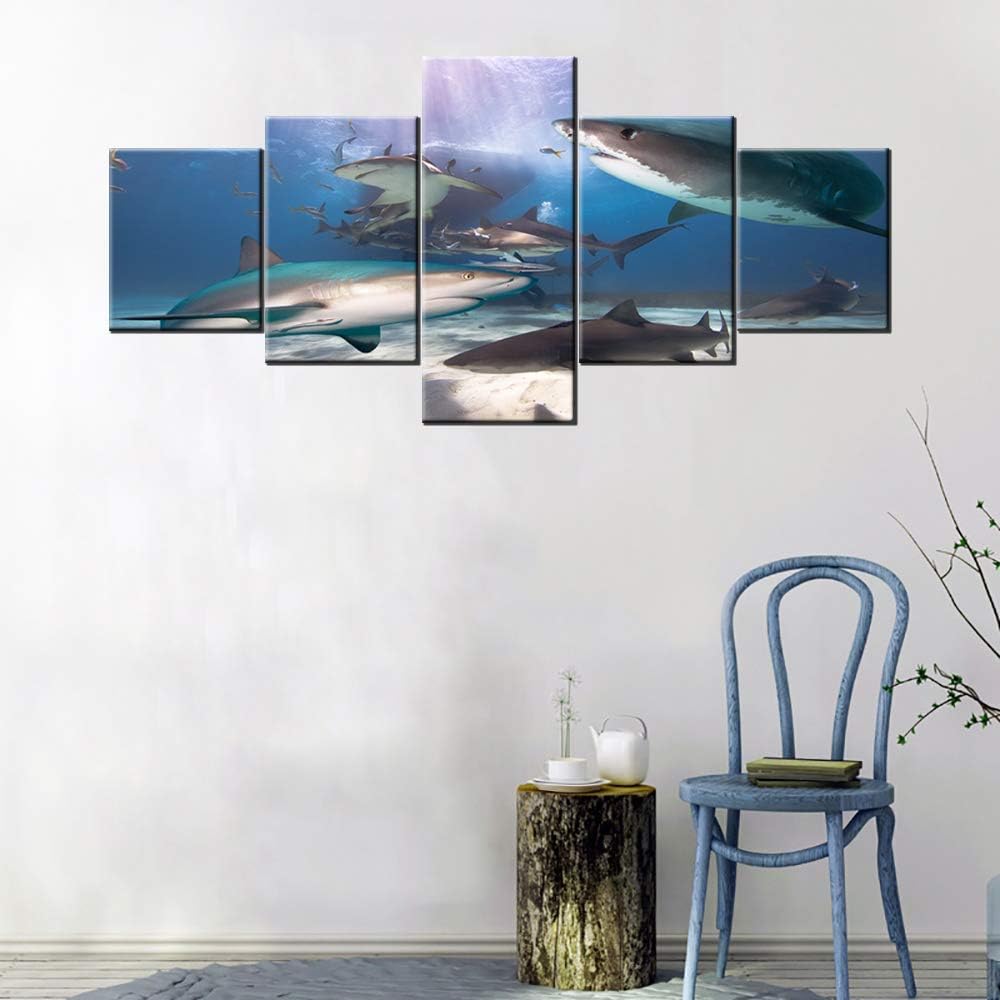 Underwater World Pictures Tiger and Lemon Sharks Paintings 5 Panel Canvas Wall Art Tropical Ocean Fish Artwork Living Room House Decorations Wooden Framed Ready to Hang Poster and Prints(50”WX24”H)