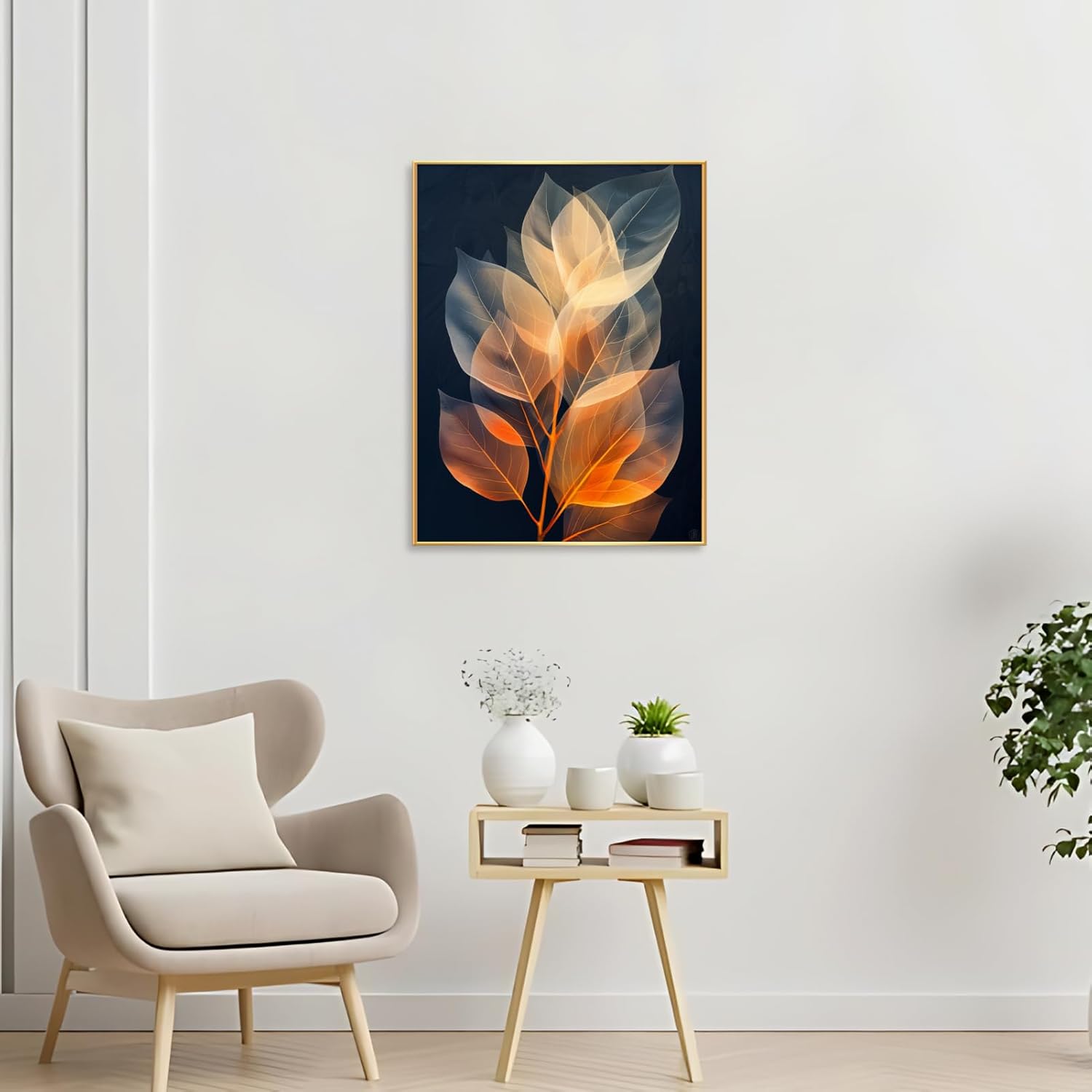 Botanical Leaf Canvas Wall Art, Modern Nature-Inspired Decor for Living Room, Bedroom, Office Ready to Hang (Serene Hues, 20"Wx27"H/52x70cm, Black Frame)