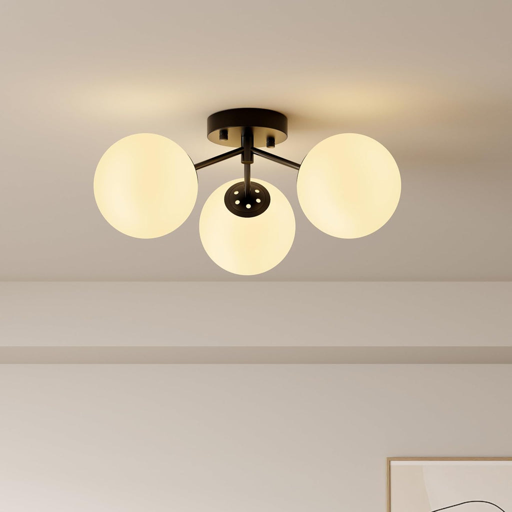 Maxax 17" Black Ceiling Light, 3 Lights Modern Flush Mount Fixture with Opal Milk Glass Globe, Mid Century Brass Semi Chandelier, Sputnik Ceiling Lamp for Living Room, Dining Room, Bedroom, Entryway