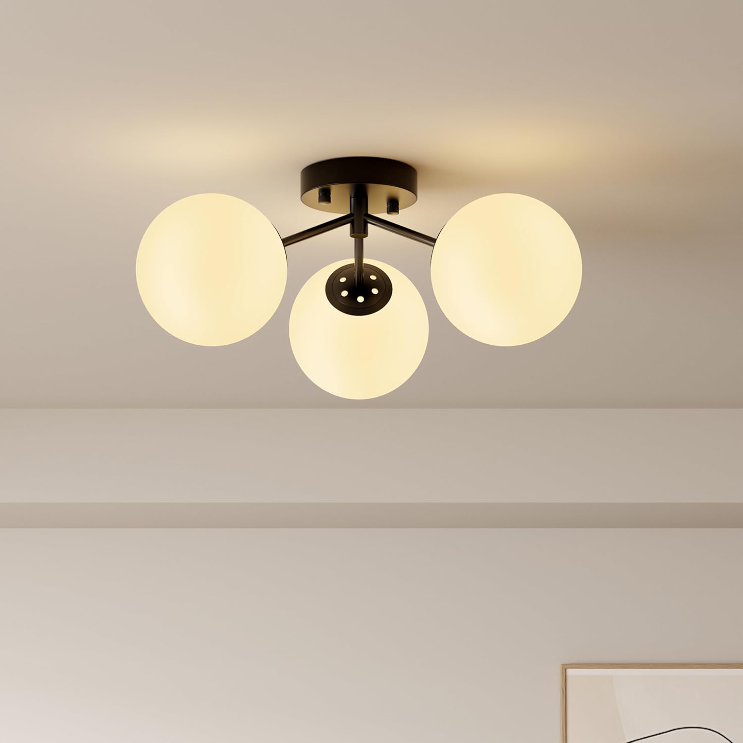 Maxax 17" Black Ceiling Light, 3 Lights Modern Flush Mount Fixture with Opal Milk Glass Globe, Mid Century Brass Semi Chandelier, Sputnik Ceiling Lamp for Living Room, Dining Room, Bedroom, Entryway
