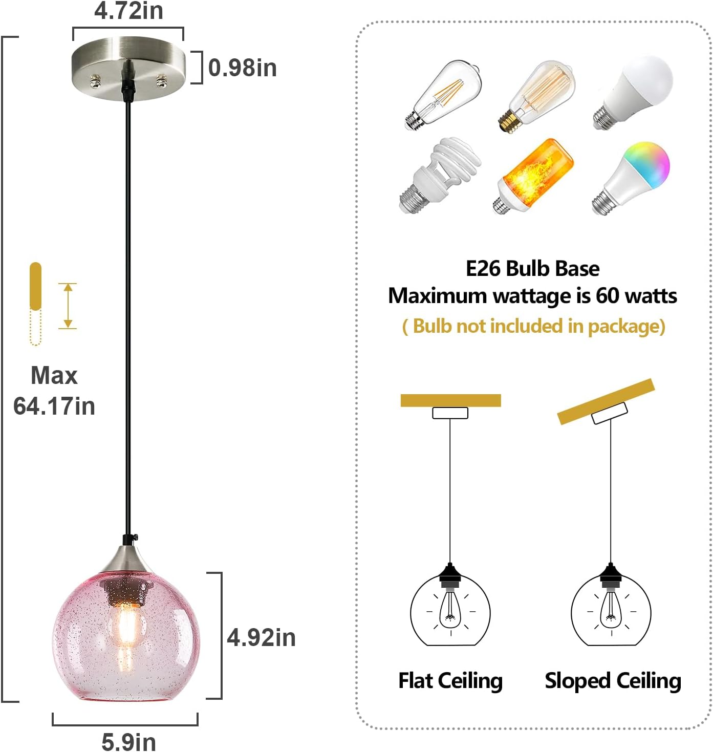 Pink Glass Pendant Lights Kitchen Island Globe Pendant Light Fixtures Modern Pendant Lighting for Bedroom Living Dining Room Light Fixture (5.9 in, 3 Pack)