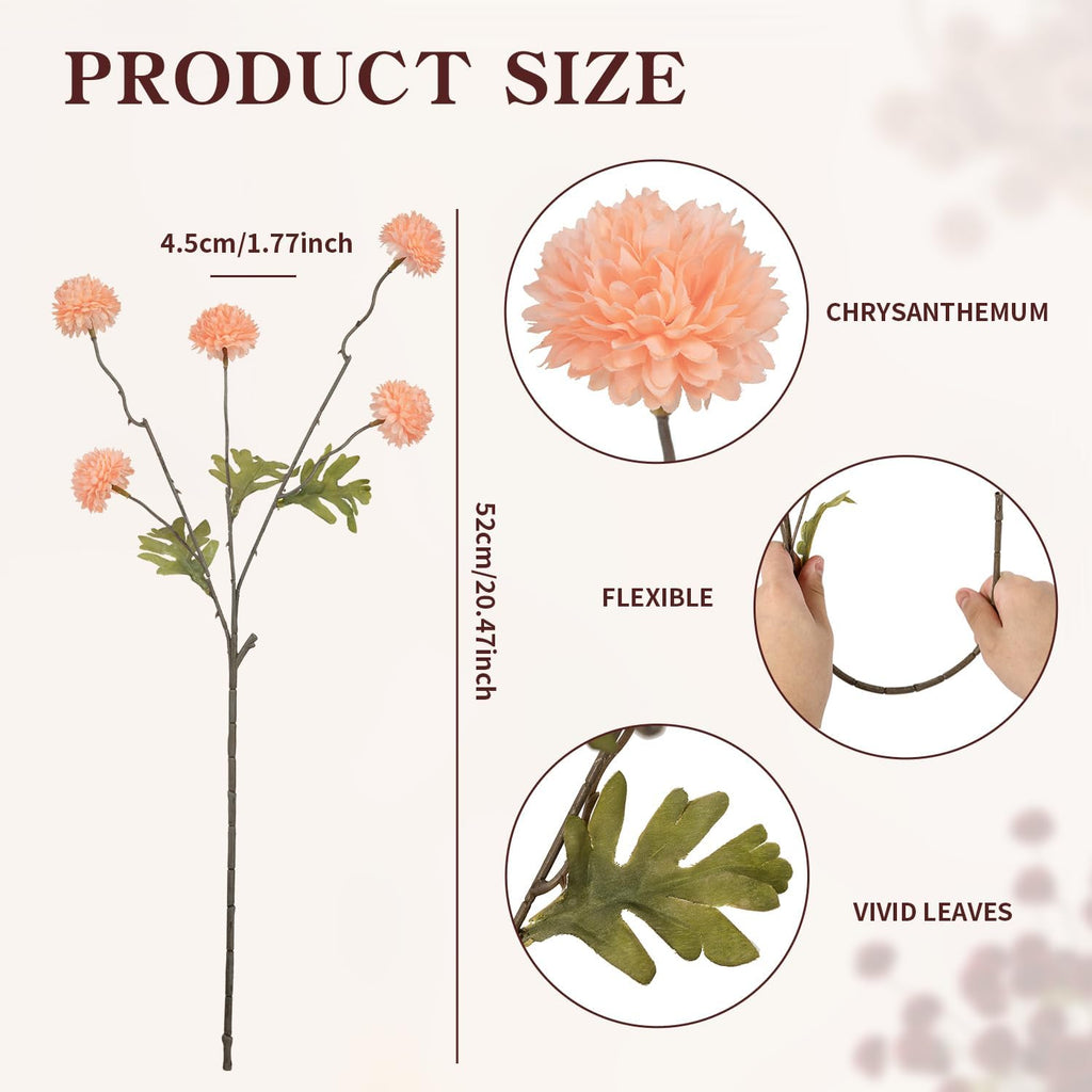 DuHouse 6pcs Artificial Flowers Faux Silk Pompon Mum,Silk Small Mini Chrysanthemum Ball with Stems for DIY Wedding Bouquets Centerpieces Vase Home Table Kitchen Decorations(Peach Fuzz)