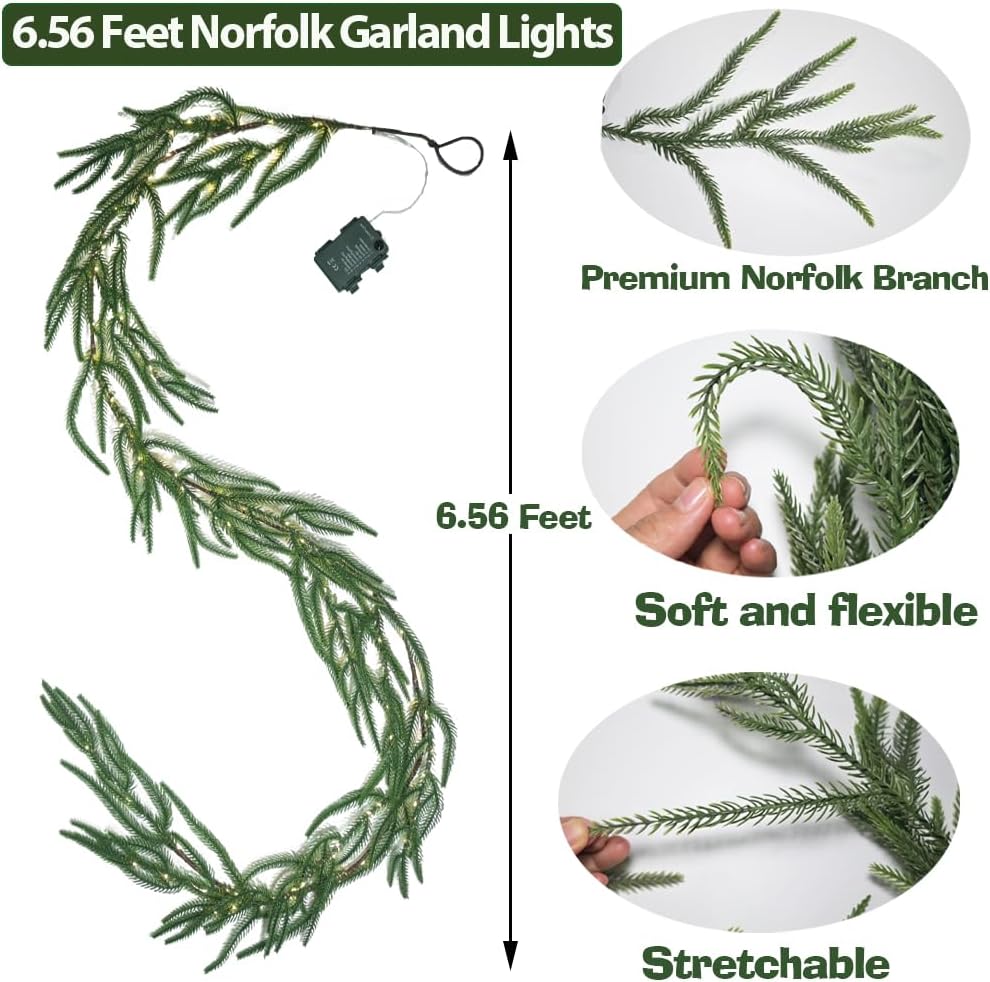 2025 New Christmas Norfolk Garland Lights 6.56FT Pine Garlands 96 LED 8 Flash Modes Battery Operated Xmas Garland Lights with Timer Lighted Christmas Decorations for Mantle Fireplace Door Home Holiday