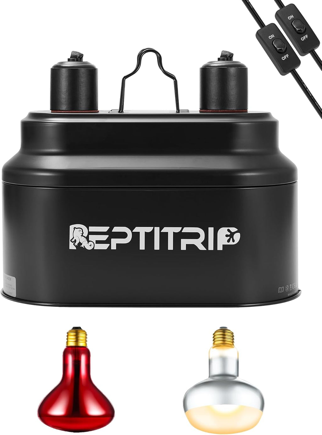 Dual Reptile Lamp Fixture with 100W Daytime Heat & 100W Nighttime Infrared Heat Bulbs, 2 Independent Switches, Reptile Heat Lamp Combo Pack - No UVB