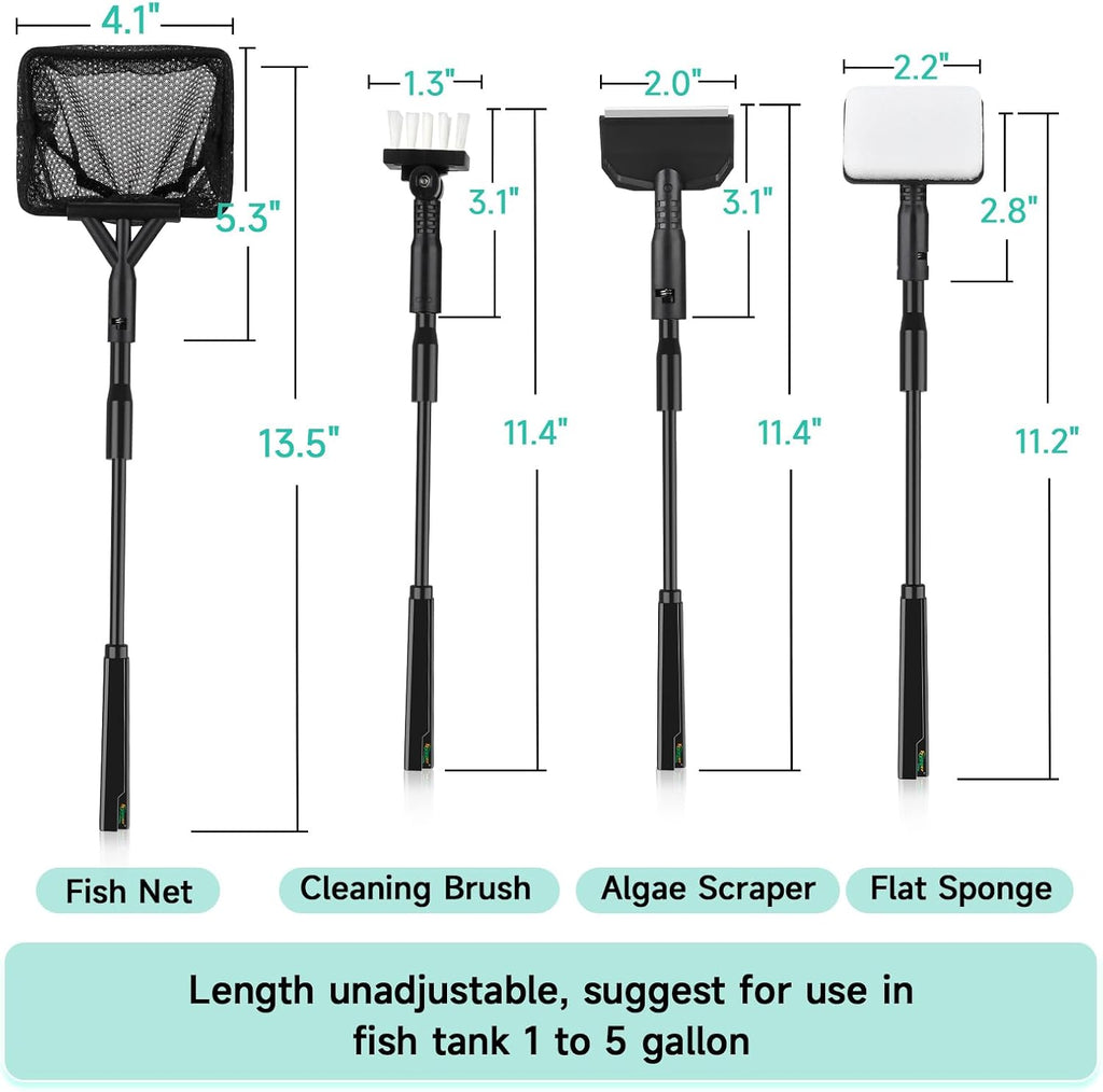 hygger Small Aquarium Cleaning Tools, 4 in 1 Fish Tank Cleaner Kit with Handle,Fish Net,Algae Scraper,Clean Brush,Flat Sponge