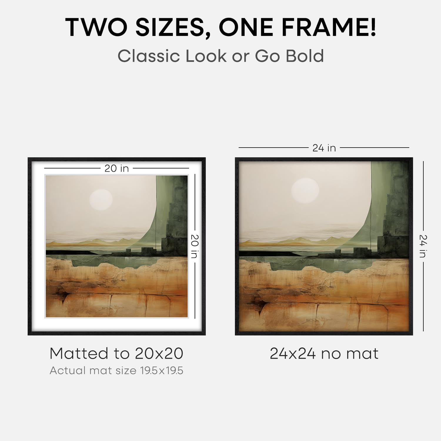 Homeforia 24x24 Black Wood Frame, High End Oak 24 x 24 Square Picture Frames with Mat 20 by 20 inches Photo, 24by24 Black Wooden Poster Frames Matted to 20x20 Print, Tempered Glass, Wall Kit, Set of 3