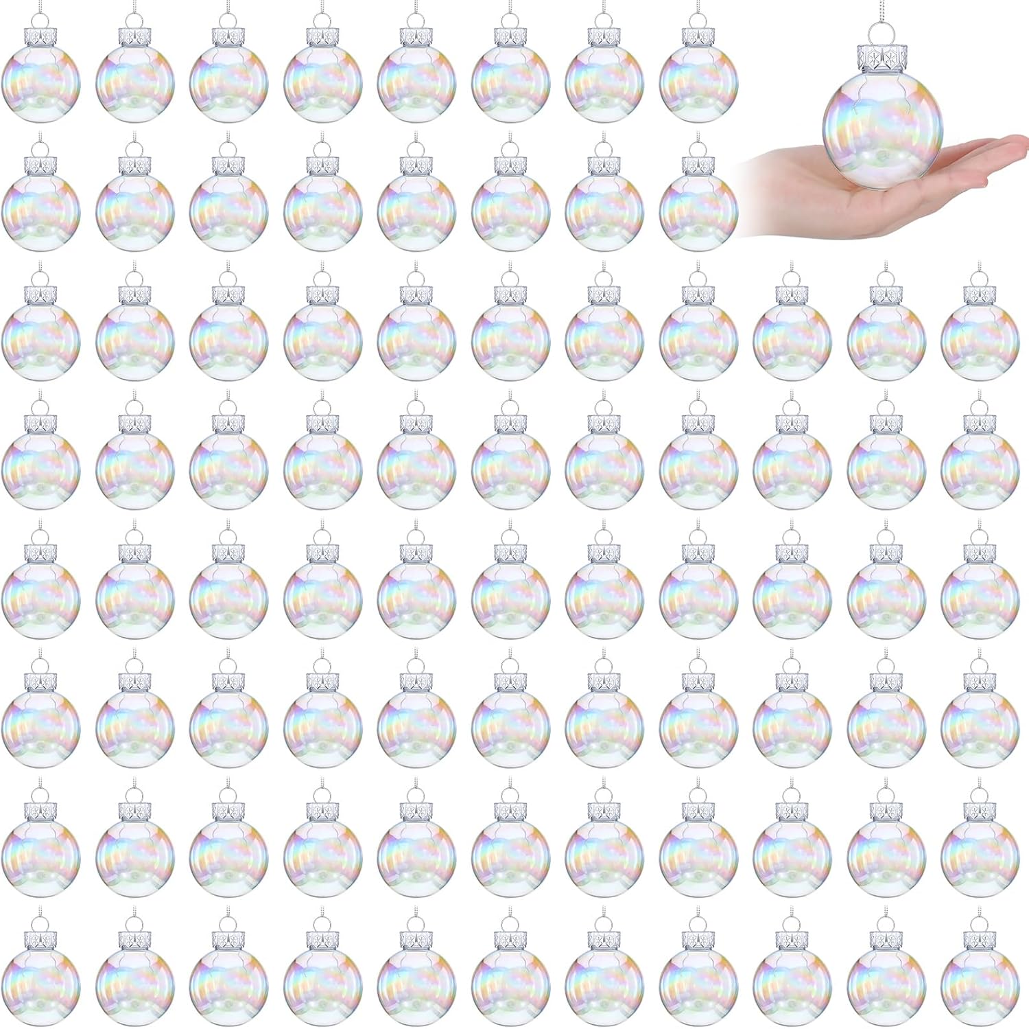 Funtery 120 Pcs Christmas Iridescent Clear Ornaments Balls Iridescent Christmas Balls for Tree Crafts Fillable Transparent DIY Hanging 2.5 Inch Rainbow Ball for Holiday Decor (Iridescence Style)