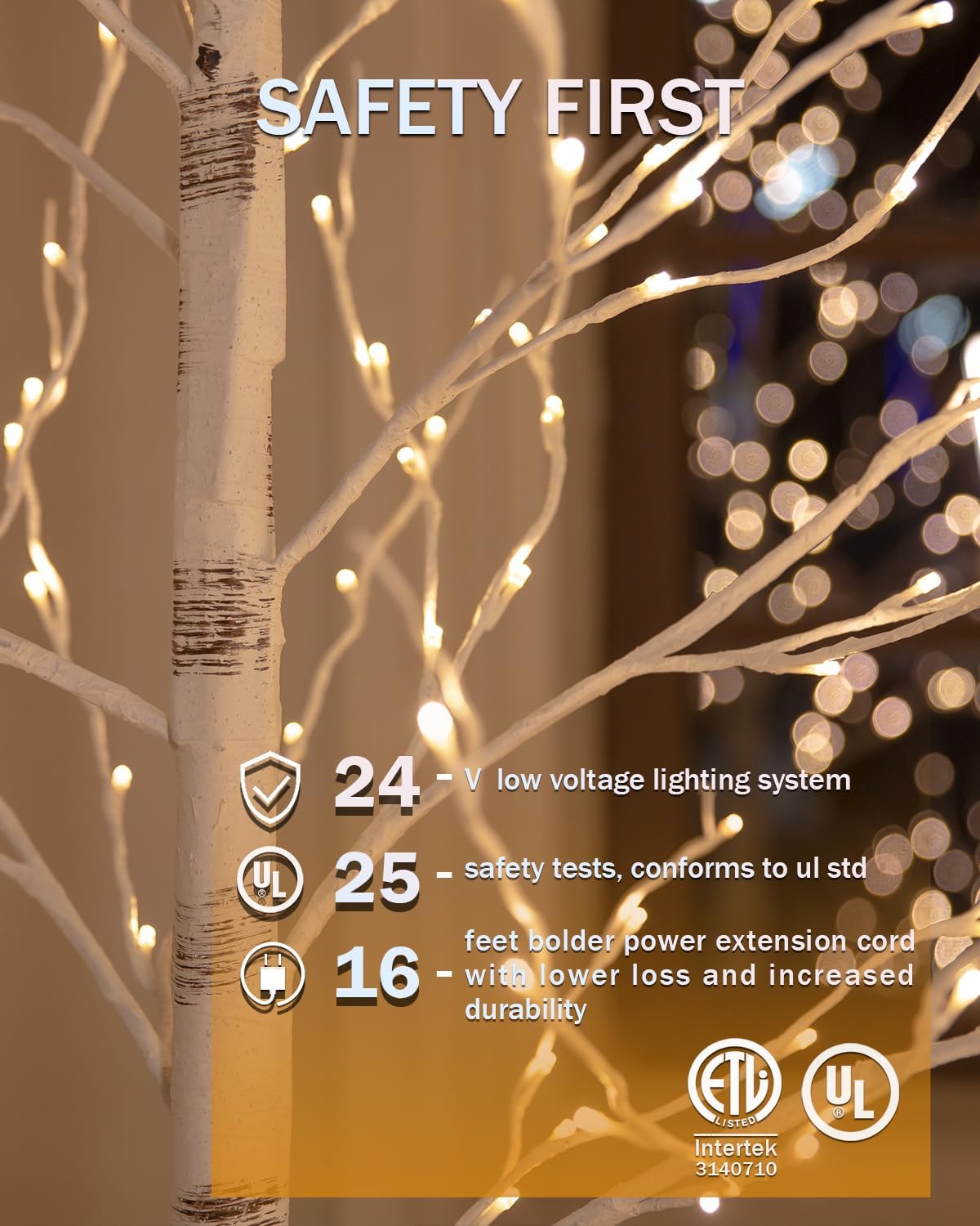 3ft Lighted Birch Tree with 64 Warm White LED Lights for Holiday Decor - Realistic Design, UL Certified, Dimmable, Waterproof - Ideal for Indoor and Outdoor Decoration