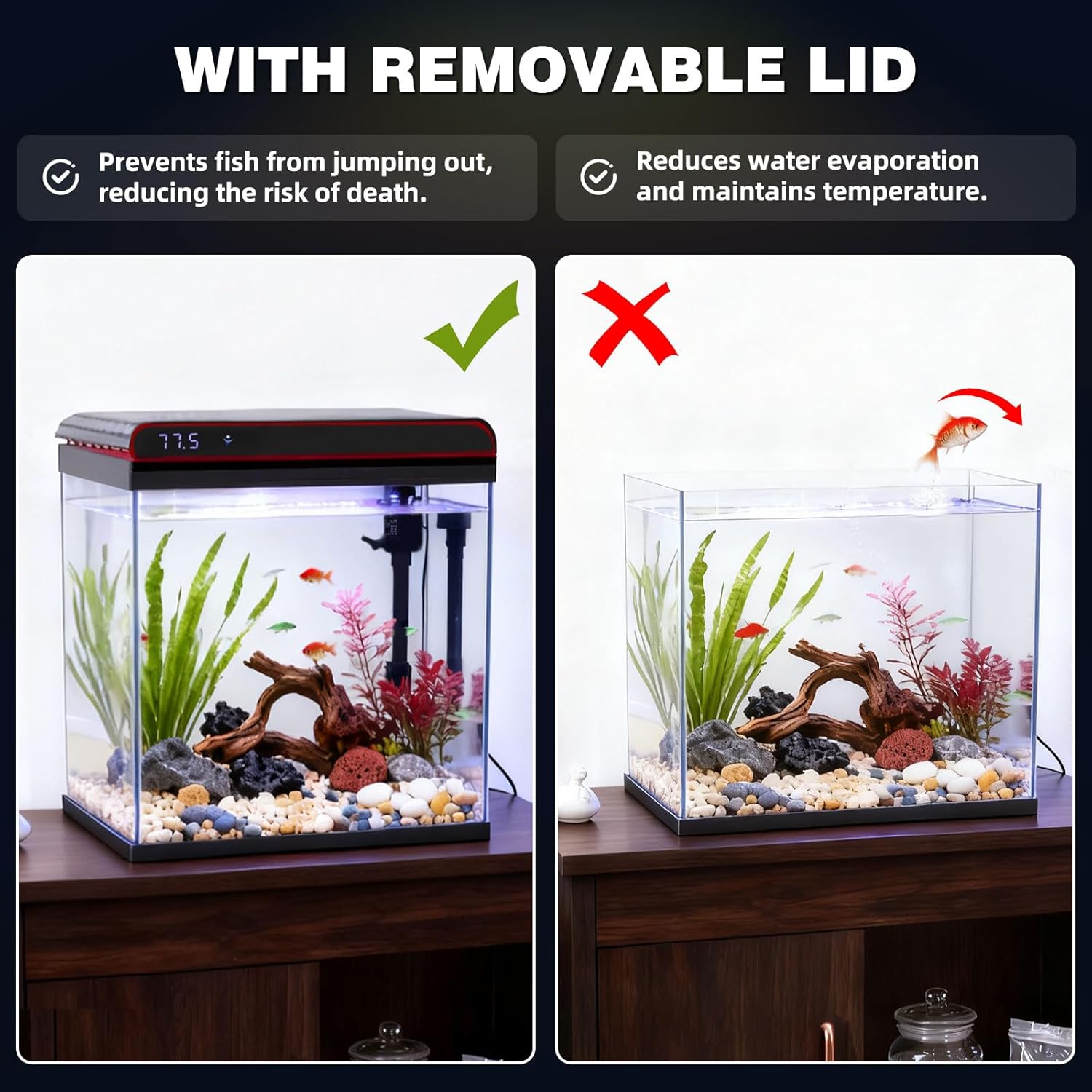 Coospider 5 Gallon Glass Fish Tank, Aquarium Starter Kit, Self-Cleaning Aquarium Kit with Ultra-Quiet Filter Pump, 3-Color LED Lights, Temp Monitoring for Fish, Shrimp, Kids Gift Idea