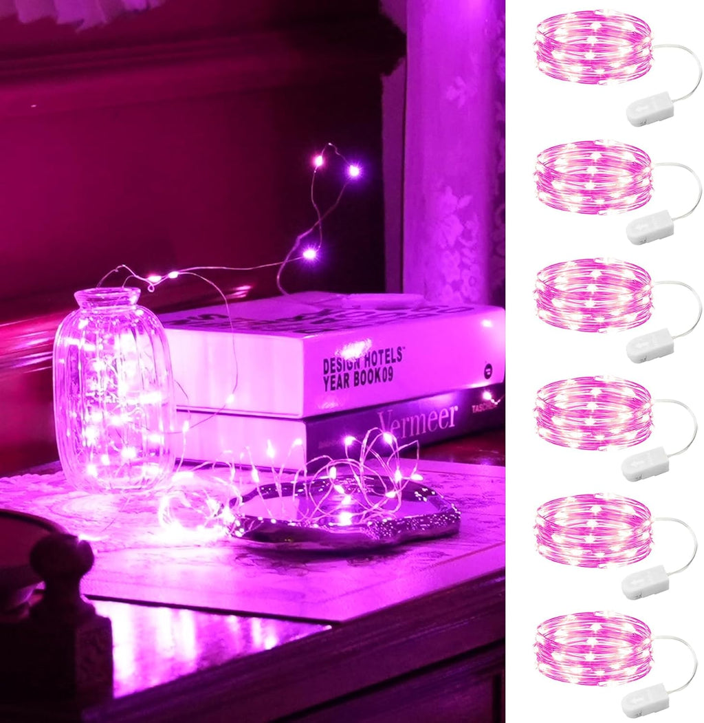 HXWEIYE 6 Pack Pink Fairy Lights Battery Operated, 7ft 20LED Mini Fairy Mason Jar Light, Waterproof Firefly Starry Lights for DIY Wedding Party Bedroom Patio Christmas Décor