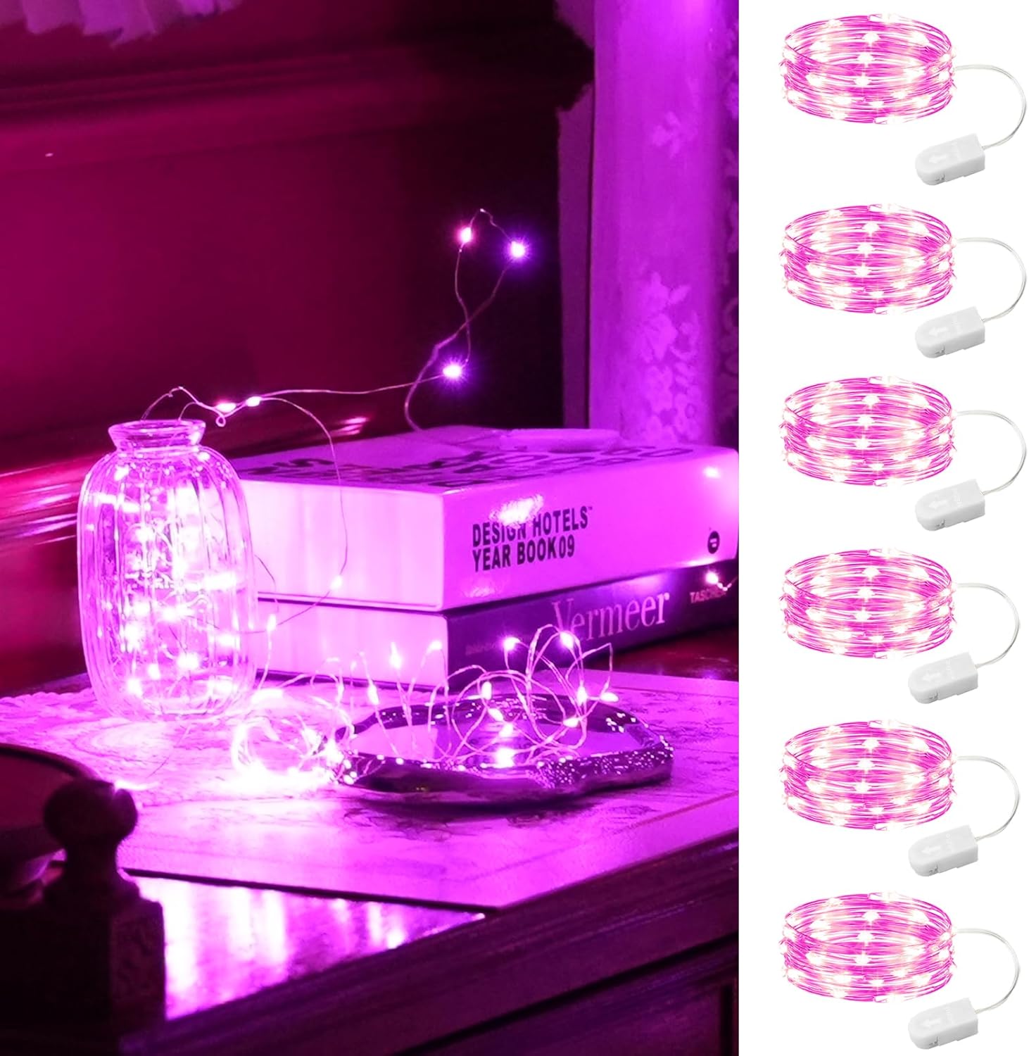 HXWEIYE 6 Pack Pink Fairy Lights Battery Operated, 7ft 20LED Mini Fairy Mason Jar Light, Waterproof Firefly Starry Lights for DIY Wedding Party Bedroom Patio Christmas Décor