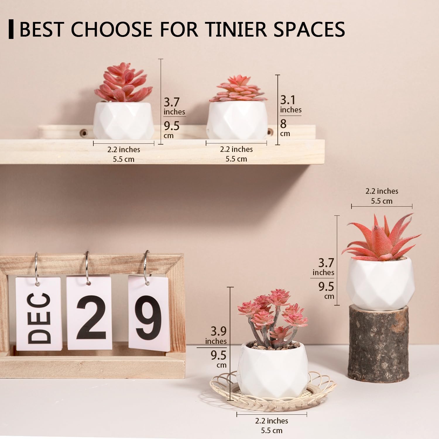 VIVERIE Mini Succulents Plants Artificial in Pots-Rose Pink, Christmas Small Fake Succulents Plants for Home Halloween Decor Indoor for Women, White Ceramic, Set of 4, Gifts for Mom