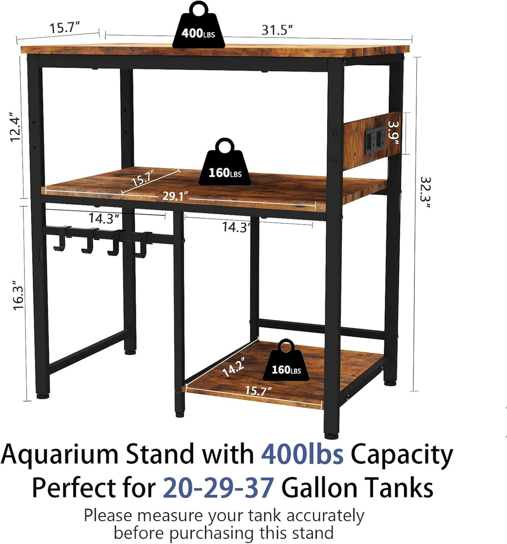TFK 20-29-37 Gallon Fish Tank Stand, 3-Tier Aquarium Stand with Power Outlet Reptile Tank Stand Heavy Duty Terrarium Stand for Home Office, Brown