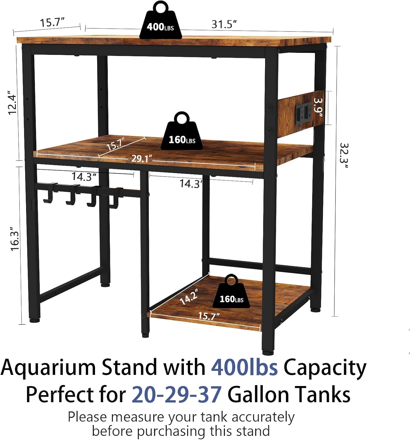 TFK 20-29-37 Gallon Fish Tank Stand, 3-Tier Aquarium Stand with Power Outlet Reptile Tank Stand Heavy Duty Terrarium Stand for Home Office, Brown