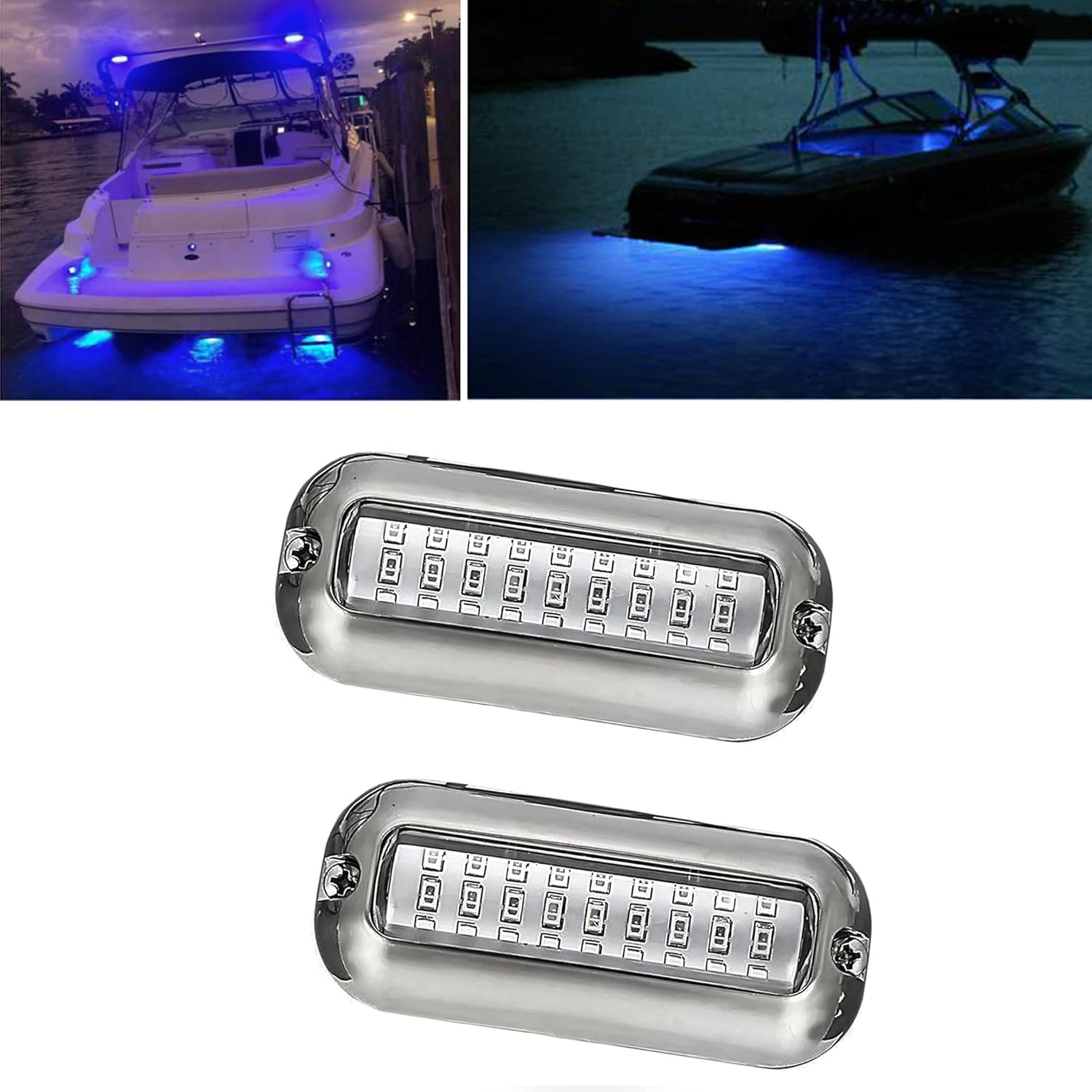 2Pcs Blue Marine Boat LED Lights,27 LEDs Waterproof IP68 Stainless Steel Boat Deck Dock Lights,Pontoon Transom Yacht Trailer Stern Navigation Interior Lights,1200LM