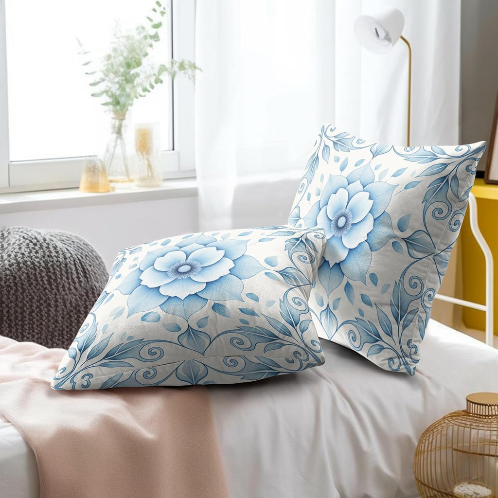 Boho Chic Blue Lotus Throw Pillow Covers Set of 2 Ultra-Soft All-Season Pillow Shams with Hidden Zipper,Durable for Sofa Bed Car Decor & Gift Luxury 18x18IN