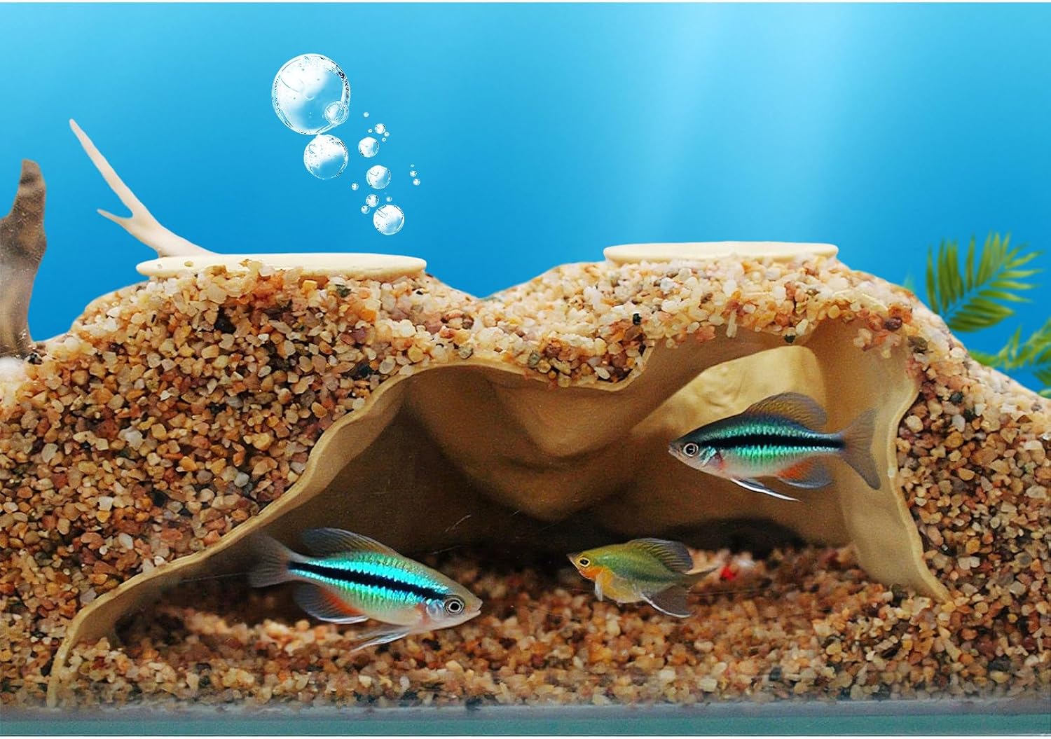 Pleco Cave, Two Hole Aquarium Cave & Shrimp Hideout, 3D Printed Fish Tank Tunnel Decor for Betta, Guppy, Shrimp, Cory, Small Cichlid (Yellow)