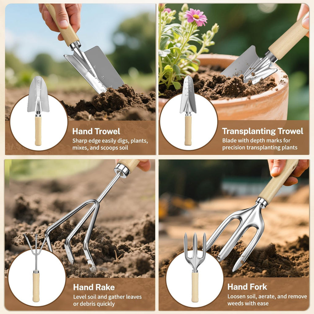 LASZOLA 9 Pcs Garden Tools Set with Tote Bag and Hand Trowel Rake Shovel, Heavy Duty Stainless Steel Gardening Kit for Outdoor Plant, Standable Portable Handbag Organizer, Ideal for Women Mom, Green
