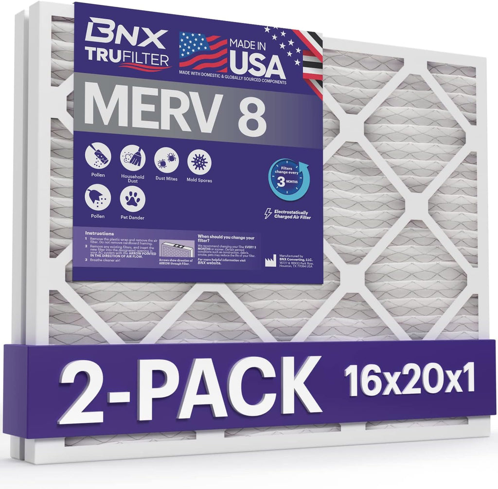 BNX 16x20x1 MERV 8 Air Filter 2 Pack - MADE IN USA - Electrostatic Pleated Air Conditioner HVAC AC Furnace Filters - Removes Dust, Mold, Pollen, Lint