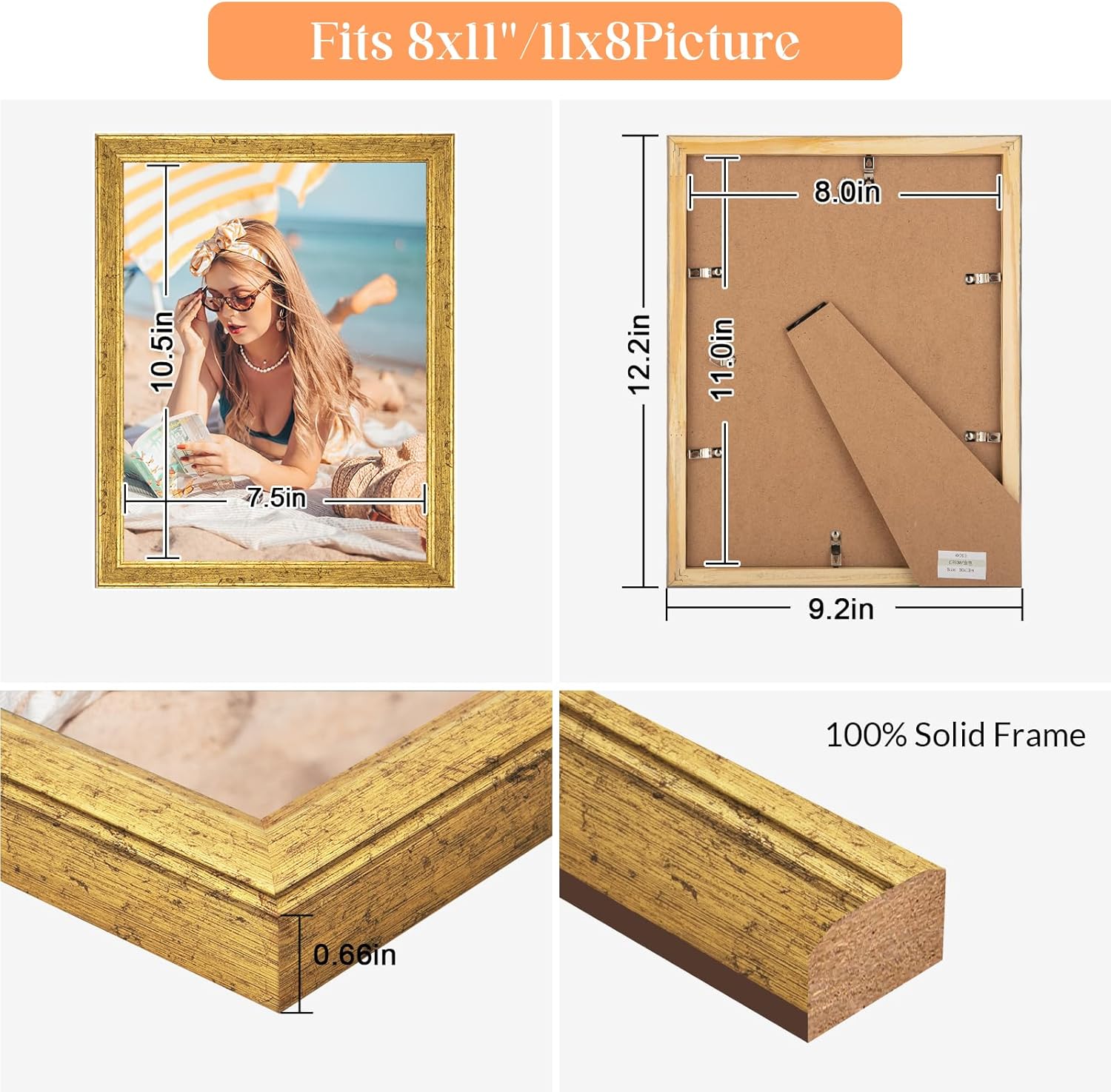 Wood 8x11 Frame Gold, Ornate Natural Wooden 11x8in Picture Frames, Modern Golden 8 x 11inch Gallery Photo Pic Frame with HD Plexiglass, Horizontal Vertical Wall Mounting Tabletop Display 1Pcs