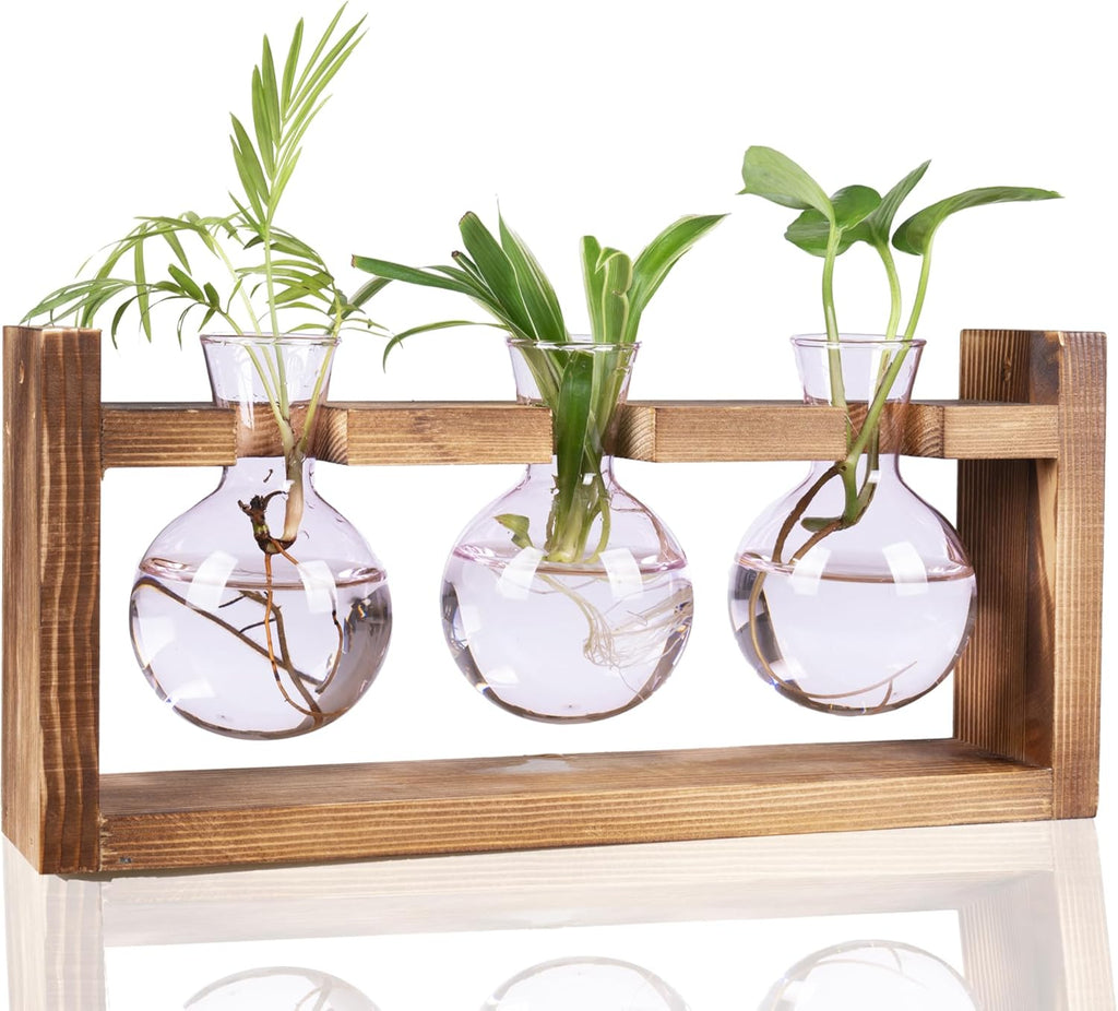 Kingbuy Glass Plant Terrarium Propagation Station - 3 Bulb Colored Vases with Retro Wood Stand Indoor Garden Planter - Wall Mounted & Desktop Decor for Home Kitchen Wedding, Gift for Plant Lover, Pink