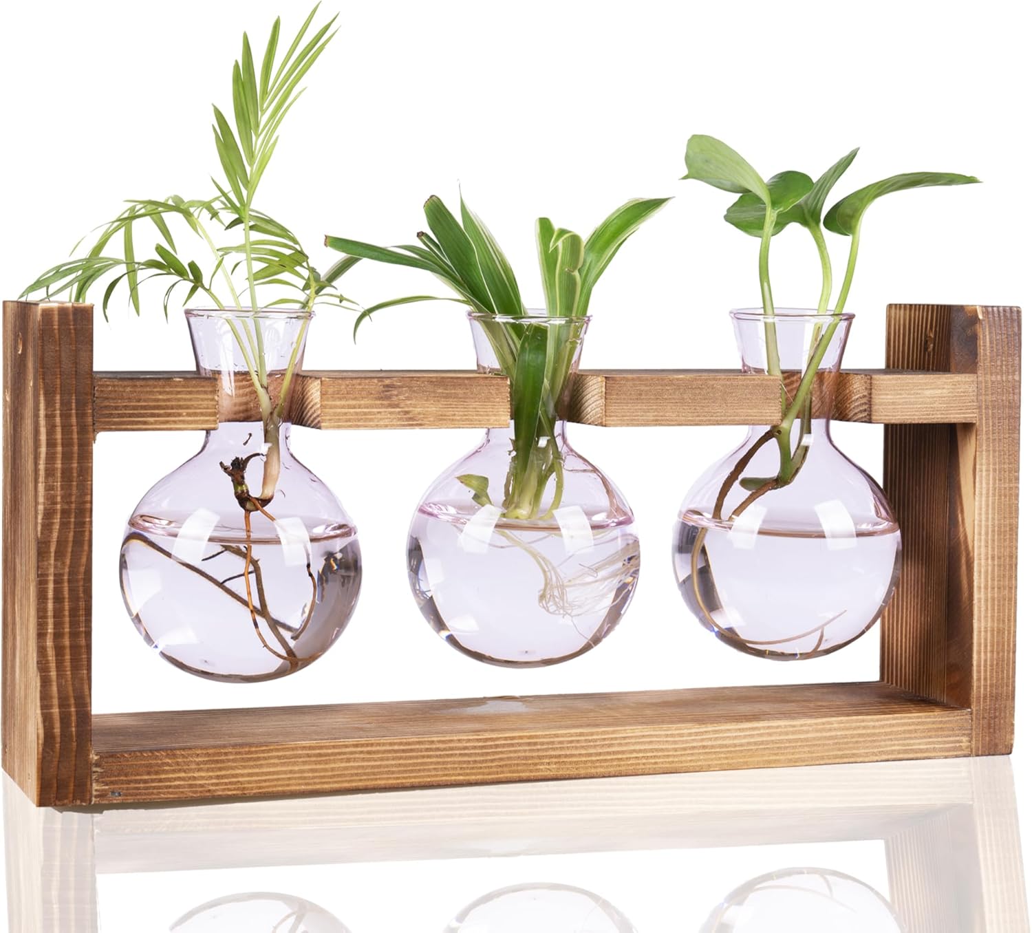 Kingbuy Glass Plant Terrarium Propagation Station - 3 Bulb Colored Vases with Retro Wood Stand Indoor Garden Planter - Wall Mounted & Desktop Decor for Home Kitchen Wedding, Gift for Plant Lover, Pink