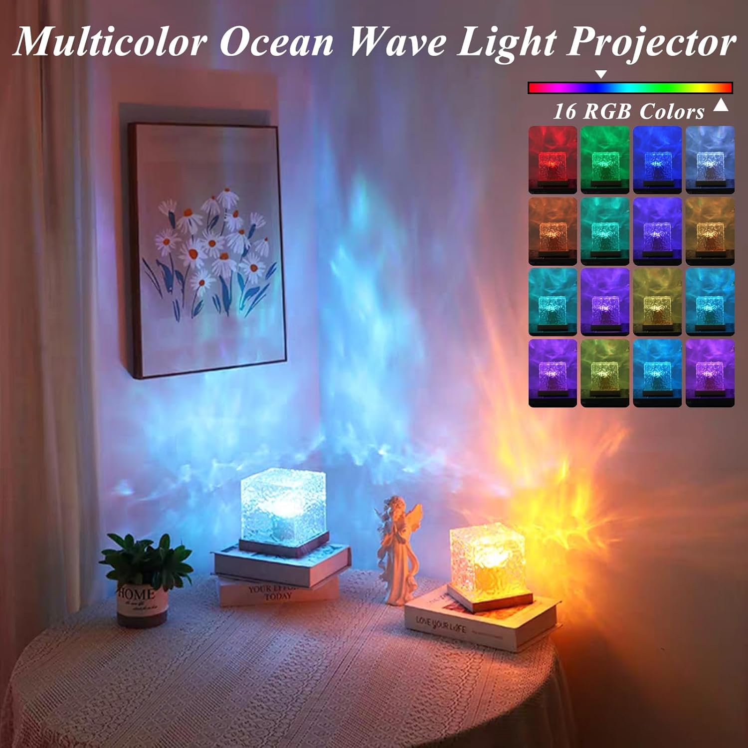 Aurora Ocean Wave Lights Projector Rechargeable, Touch Cube Color Changing Light with 16 Colors 4 Modes Dimmable Cordless Mood Lamp for Shower, Northern Light for Bedroom Bathroom, with Remote (Large)