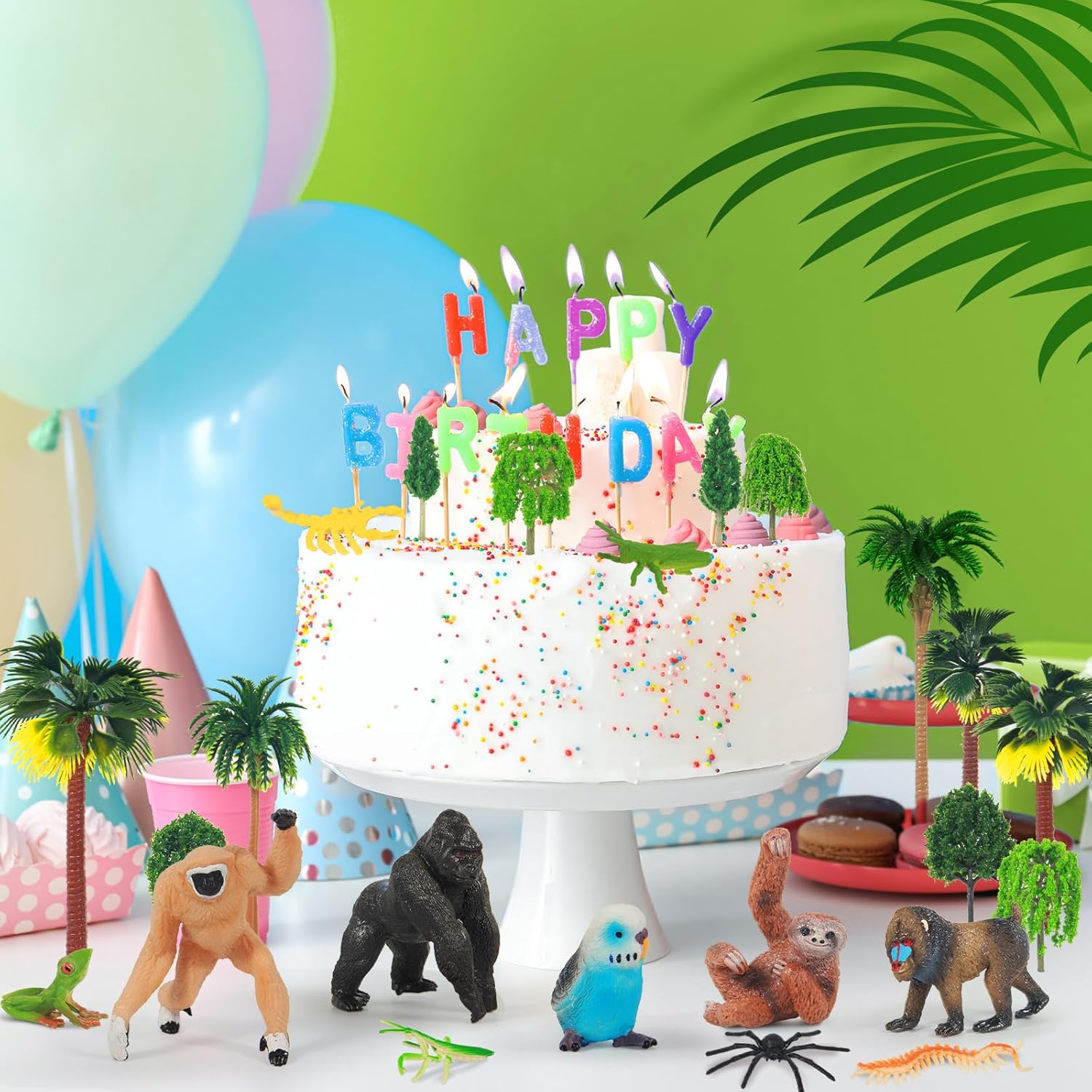35 Pack Rainforest Animals Figures Set Animal Cake Decor Assorted Creatures Diorama Animals Model Trees for Birthday Party Favors, Piñata Fillers