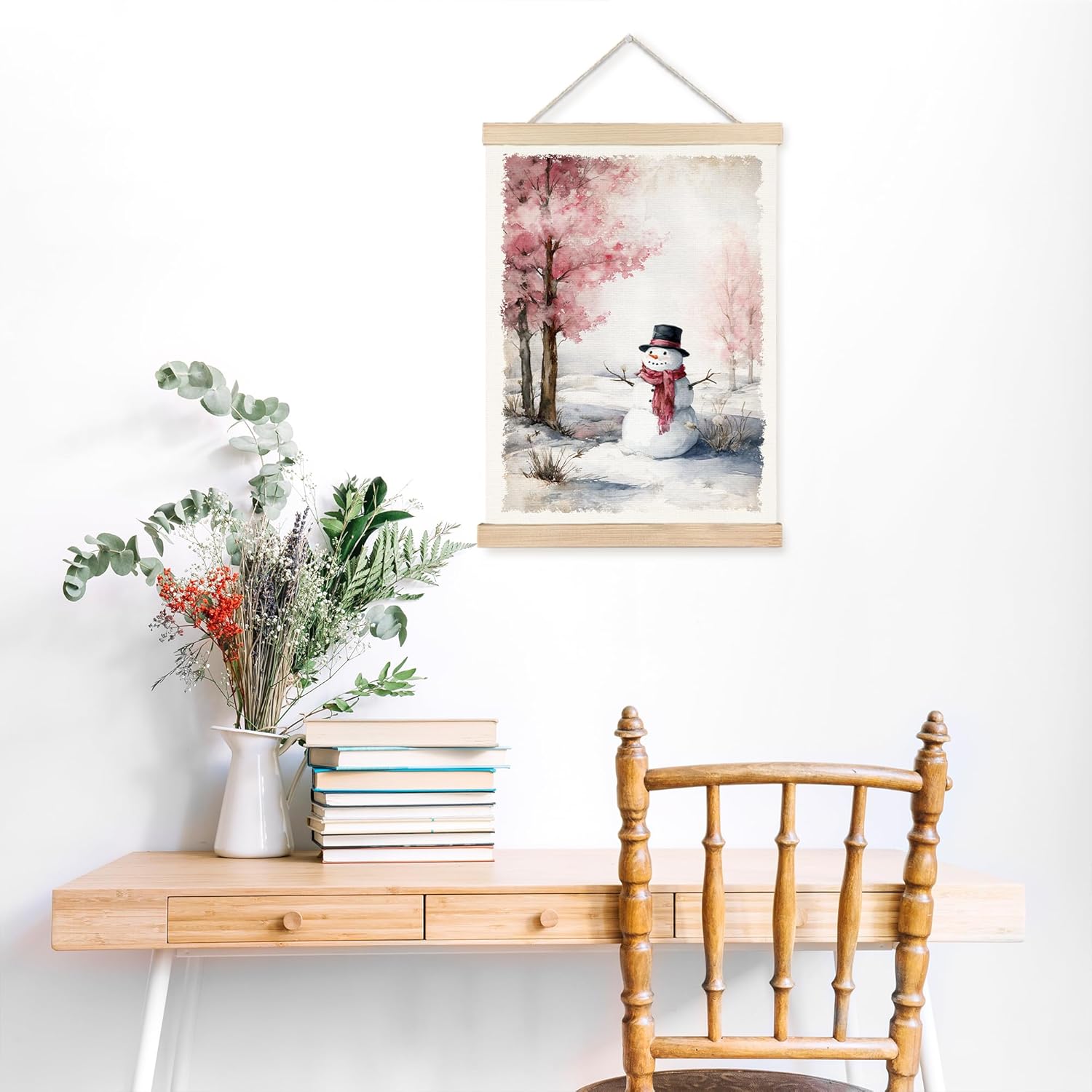 FDHSPAAM Christmas Cute Snowman Wall Art Decor, Rustic Christmas Decor, Holiday Pink Tree Snowy Forest Winter Scene Wall Art Posters for Home Bedroom Living Room, 12x16 Inch