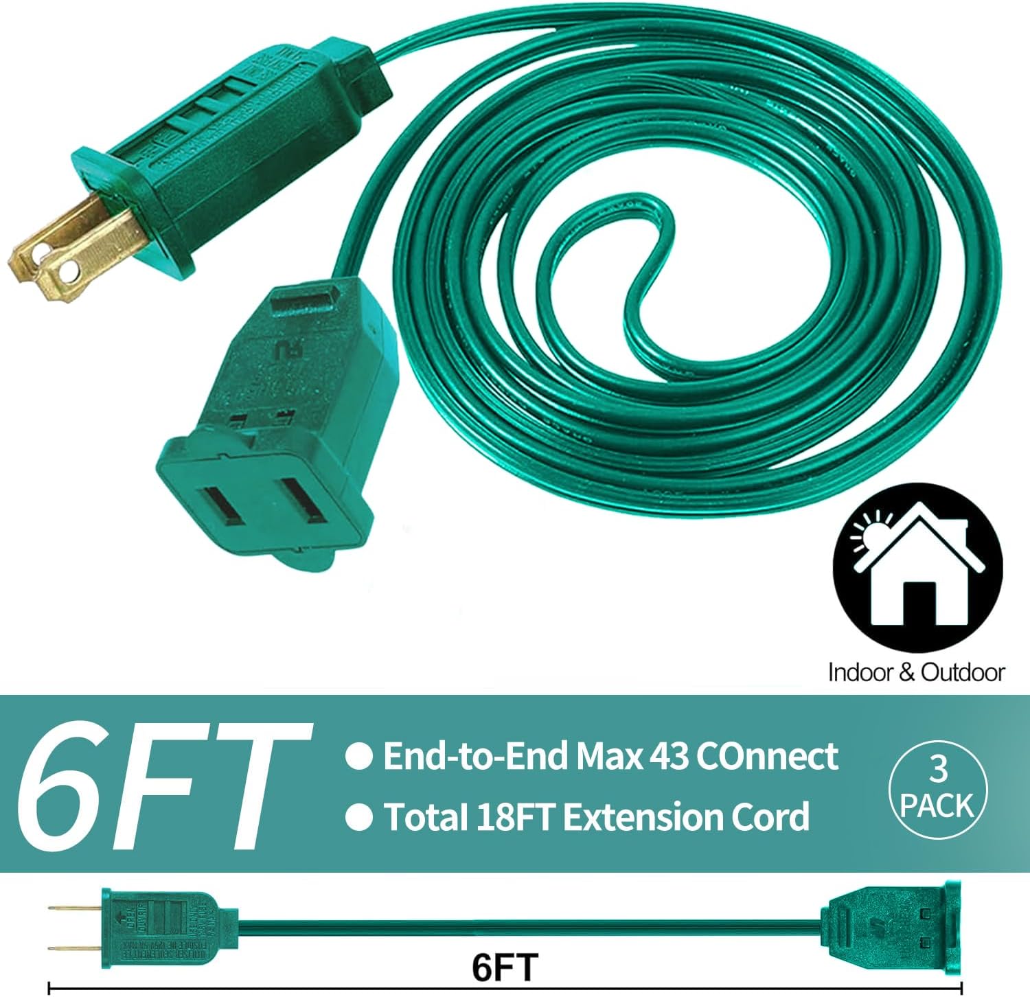 3 Pack Green Extension Cord 6 Feet 2 Prong Extension Cord for Christmas Lights Waterproof with 2 Pole Brass Straight Blades Polarized Plug, for Connect/Extend Christmas Light Indoor Outdoor (18Ft)