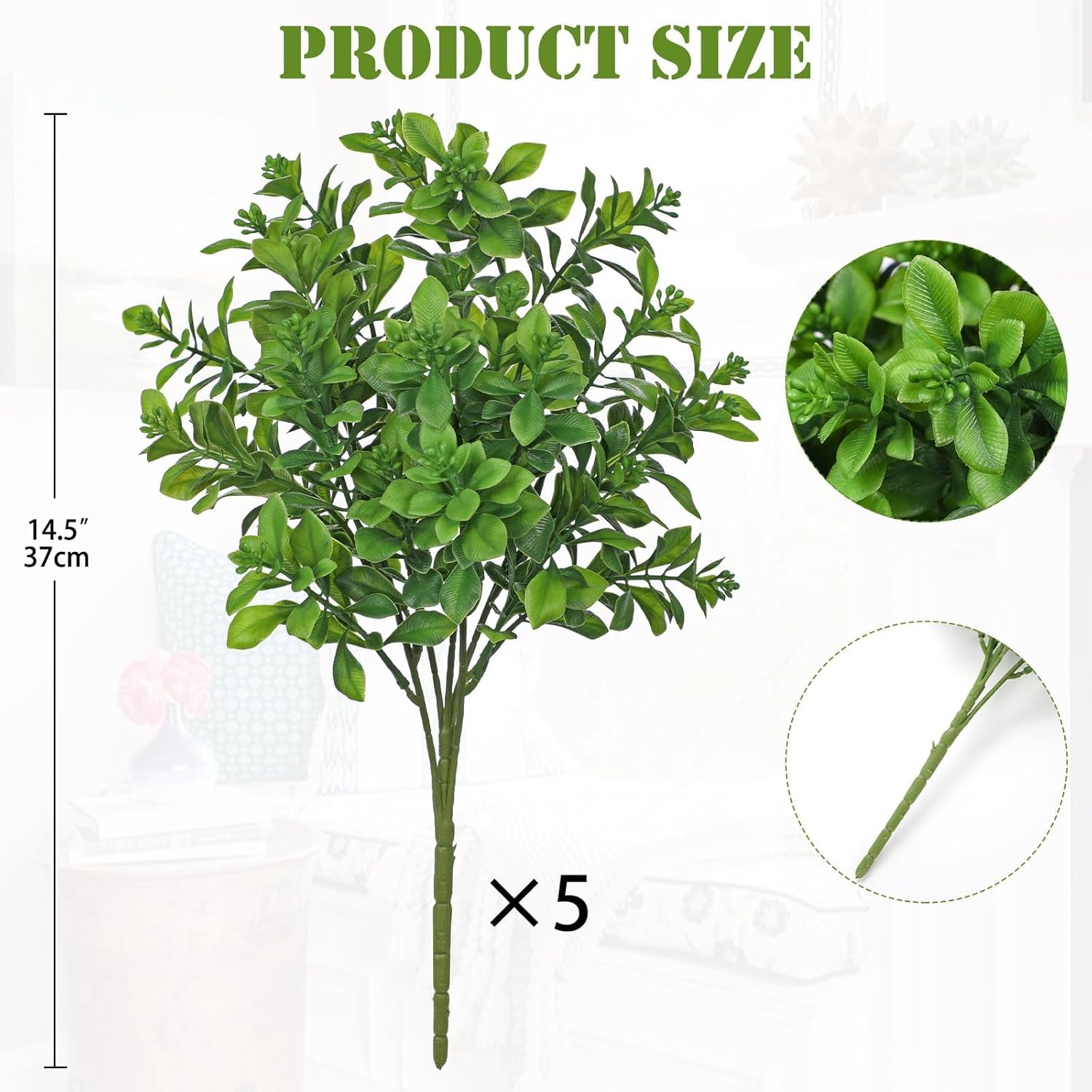 Artificial 5Pcs Faux Seeded Eucalyptus Leaves Stems Fake Plants Sharp UV Resistant Faux Plastic Boxwood for Kitchen Office Garden Porch Farmhouse Window Box Home Decor