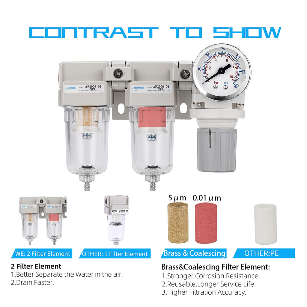 NANPU 1/4" NPT Air Drying System - 5 Micron Particulate Filter, 0.01 Micron Coalescing Filter, Air Pressure Regulator Combo - Semi-Auto Drain, Poly Bowl w/Metal Gauge
