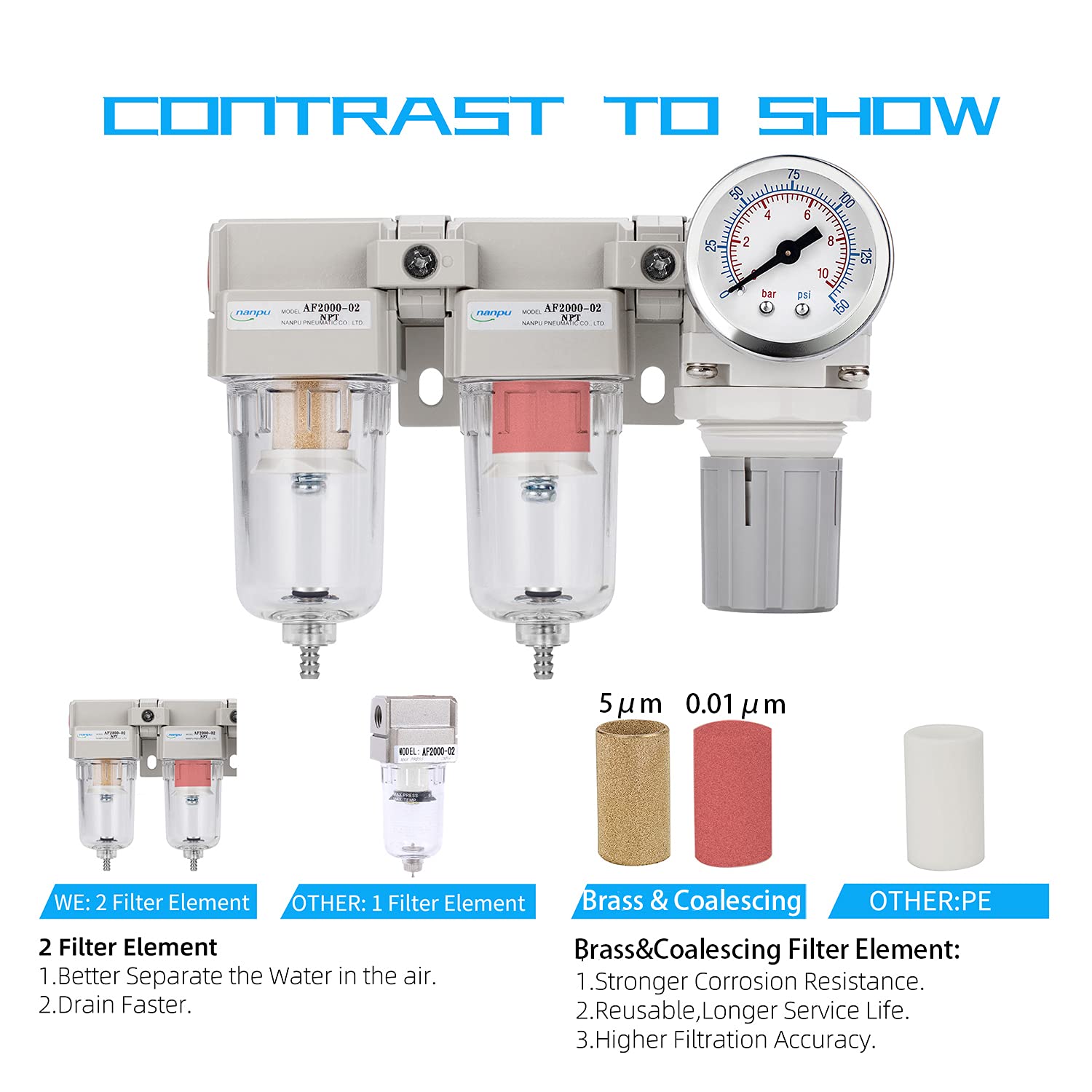 NANPU 1/4" NPT Air Drying System - 5 Micron Particulate Filter, 0.01 Micron Coalescing Filter, Air Pressure Regulator Combo - Semi-Auto Drain, Poly Bowl w/Metal Gauge