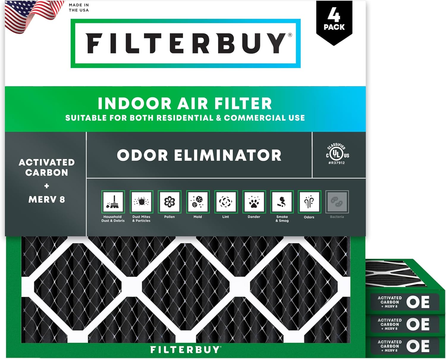 Filterbuy 12x12x1 Air Filter MERV 8 Odor & Allergy Defense with Activated Carbon (4-Pack), Electrostatic Pleated HVAC AC Furnace Filters Replacement, Made in USA (Actual Size: 11.75 x 11.75 x 0.75)