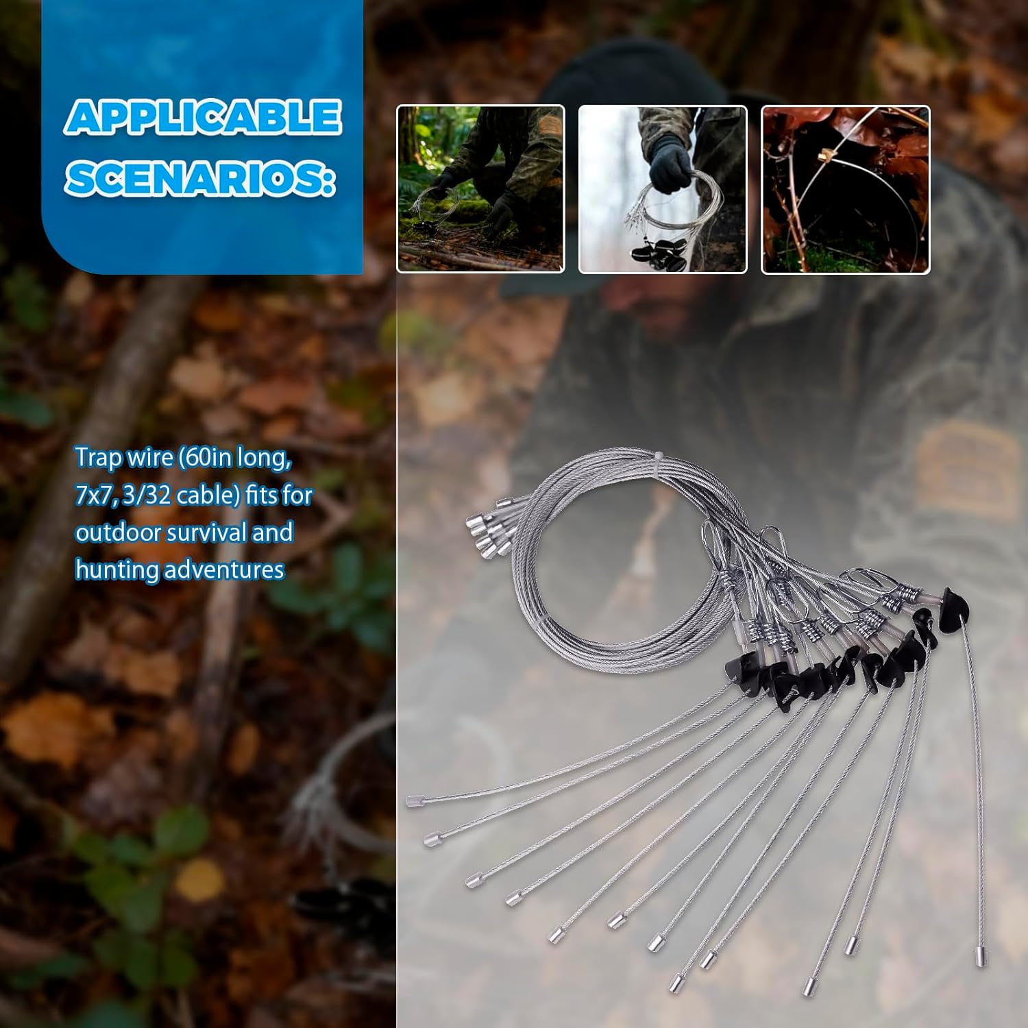 12Pcs Trap Wire (60in Long, 7x7, 3/32 Cable) Fits for Outdoor Survival and Hunting Adventures, Easy to Carry