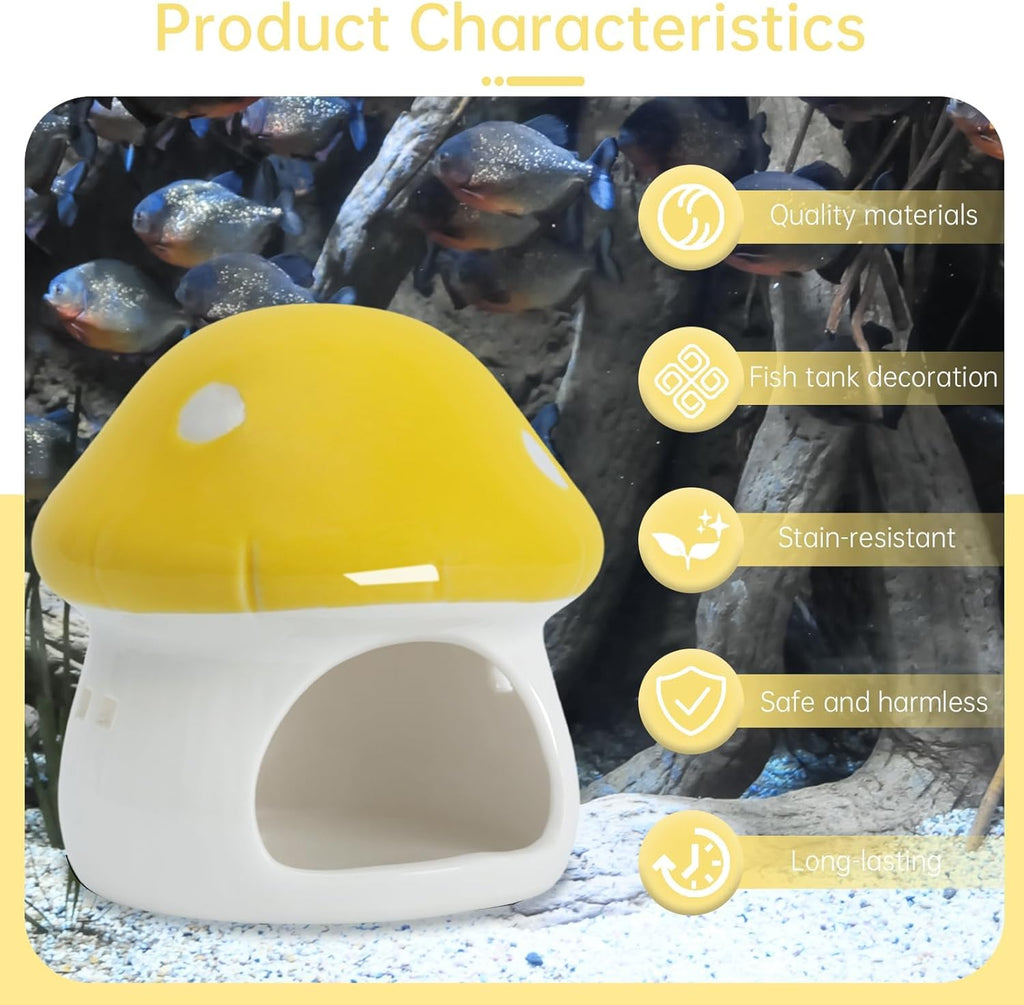 Mushroom Fish Tank Decor, Ceramics Aquarium Shrimp Cave, Betta Hideout Decoration, Cottage Ornament Goldfishes Pleco Cave for Fish Tank Landscape Hideaway Spawning Decor - Yellow