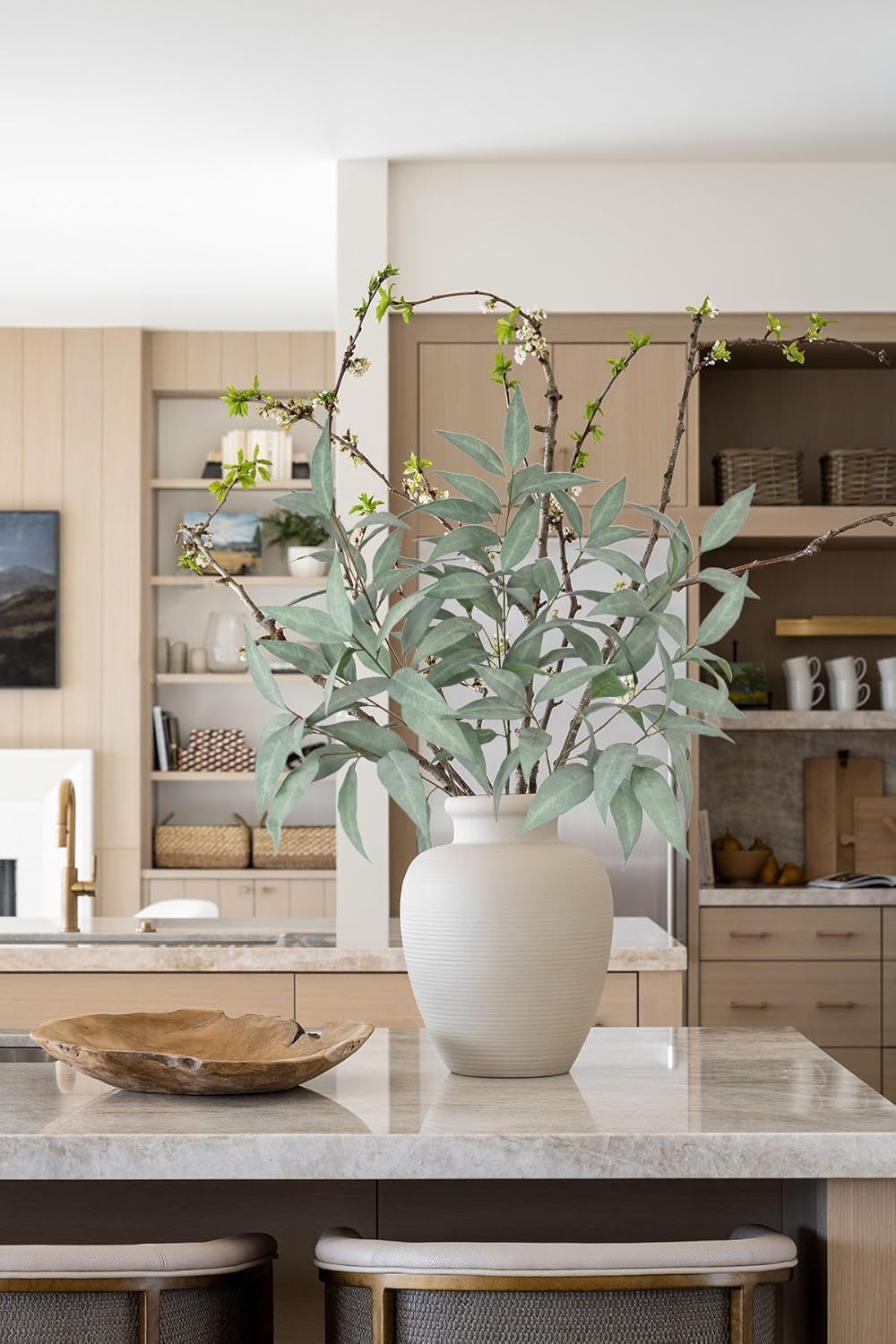 Briful Eucalyptus Stems 39.5 '' Tall, Artificial Branches for Vase Round Year Faux Greenery Stems Realistic Gray Eucalyptus Leaf Plant Sprays for Home Decor Indoor Party Wedding, Set of 3