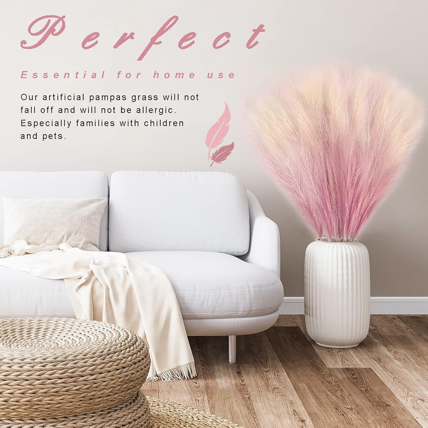 8Pcs 3FT Pink Colorful Faux Pampas Grass for Boho Decor, KALYLOC Non-Shedding Fluffy Artificial Bulrush, Tall Reed Fluffy Stems Vase Filler Living Room Wedding Decoration