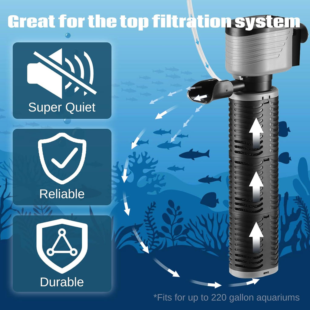 XpertMatic 45W Aquarium Filter, Submersible Fish Tank Filter Water Pump for Up to 220 Gallon Fish Tank, 3 Stages 792 GPH Biochemical Sponge Filter, for Aquarium Filtration/Oxygenation, SainSmart