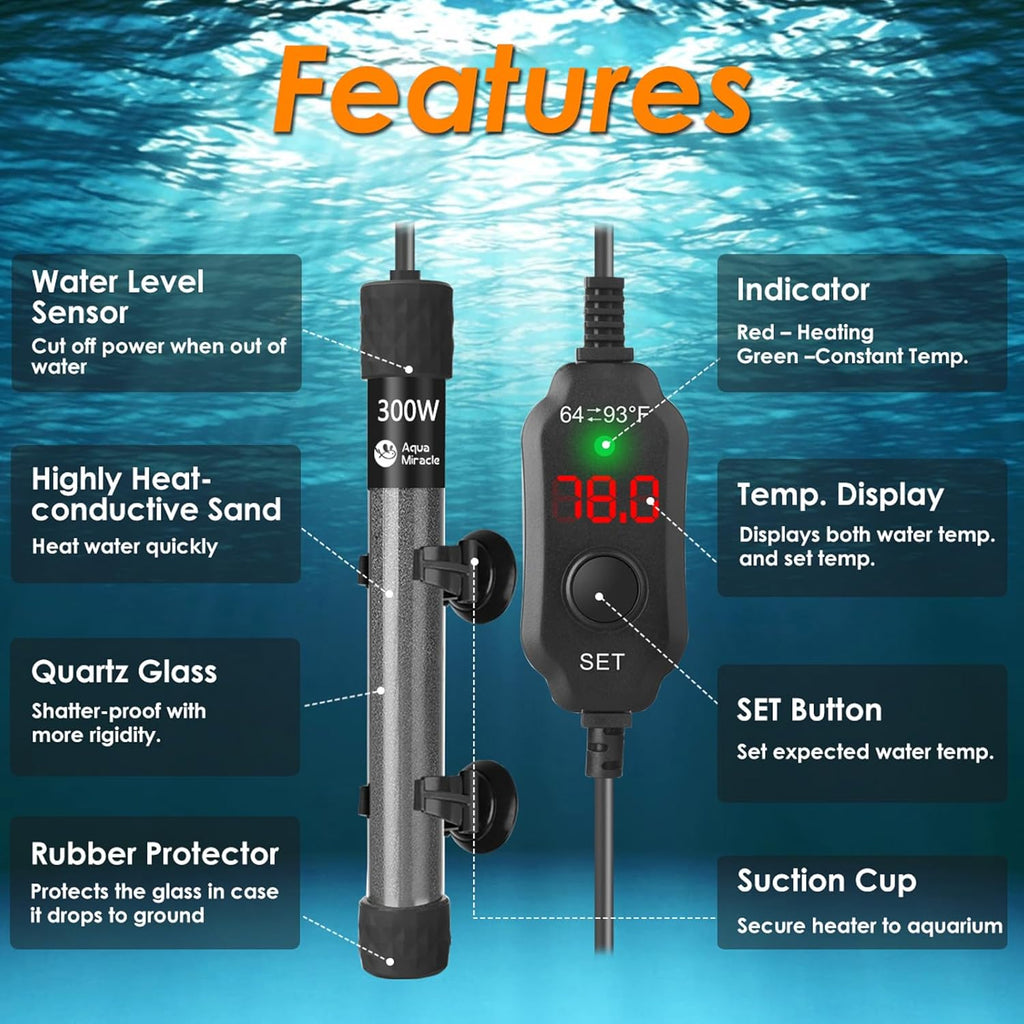 AquaMiralce 300W Aquarium Heater with Compact Size, Submersible Fish Tank Heater with LED Digital Display Thermostat, Adjustable Fish Heater Turtle Heater for 40-60 Gallon Tanks