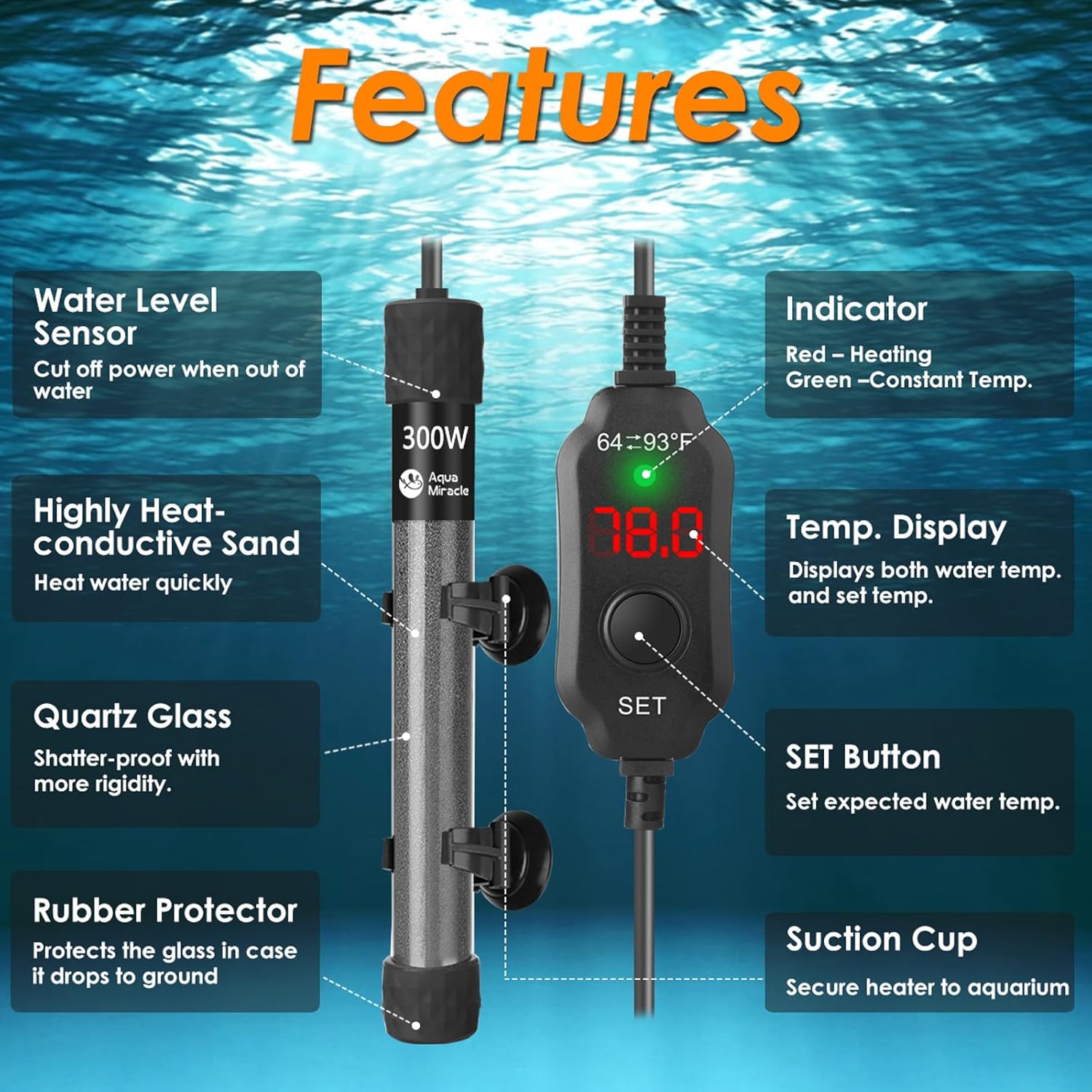 AquaMiralce 300W Aquarium Heater with Compact Size, Submersible Fish Tank Heater with LED Digital Display Thermostat, Adjustable Fish Heater Turtle Heater for 40-60 Gallon Tanks