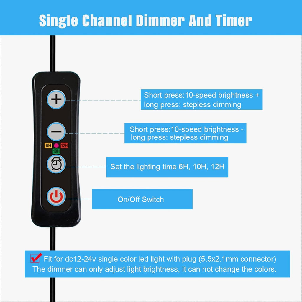 Aquarium Light Timer and Dimmer with 5.5mm x 2.1mm DC Barrel Connector, 6/10/12 Hour Modes, Adjustable 10-100% Brightness, Compatible with 12-24V DC LED Lights, 2 Pack