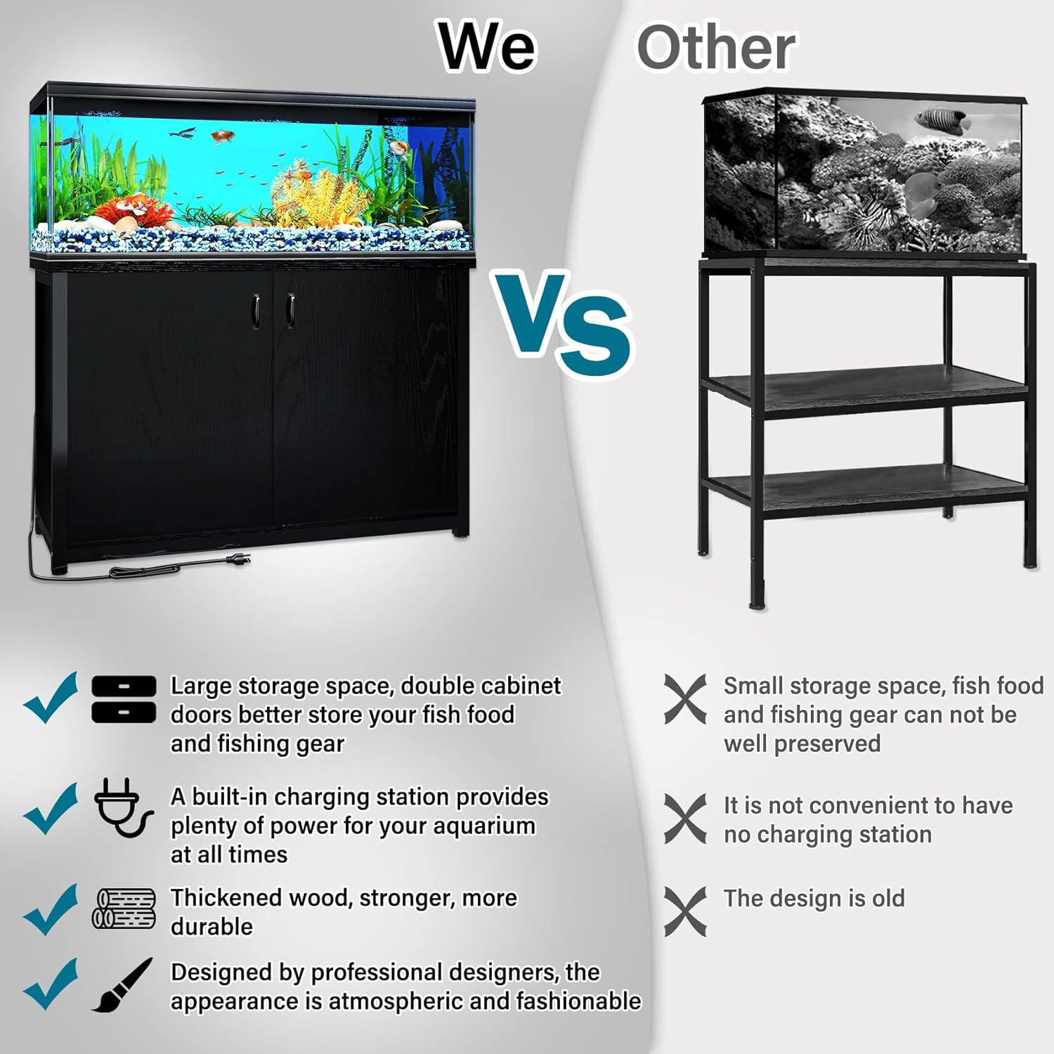 TC-HOMENY 55-75 Gallon Fish Tank Stand, Aquarium Stand with Charging Station and Large Storage Cabinet, 1200LBS Capacity, 5-75 Gallon Tank Stand, Fit for Living Room, 29" L x 16.5" W Tabletop