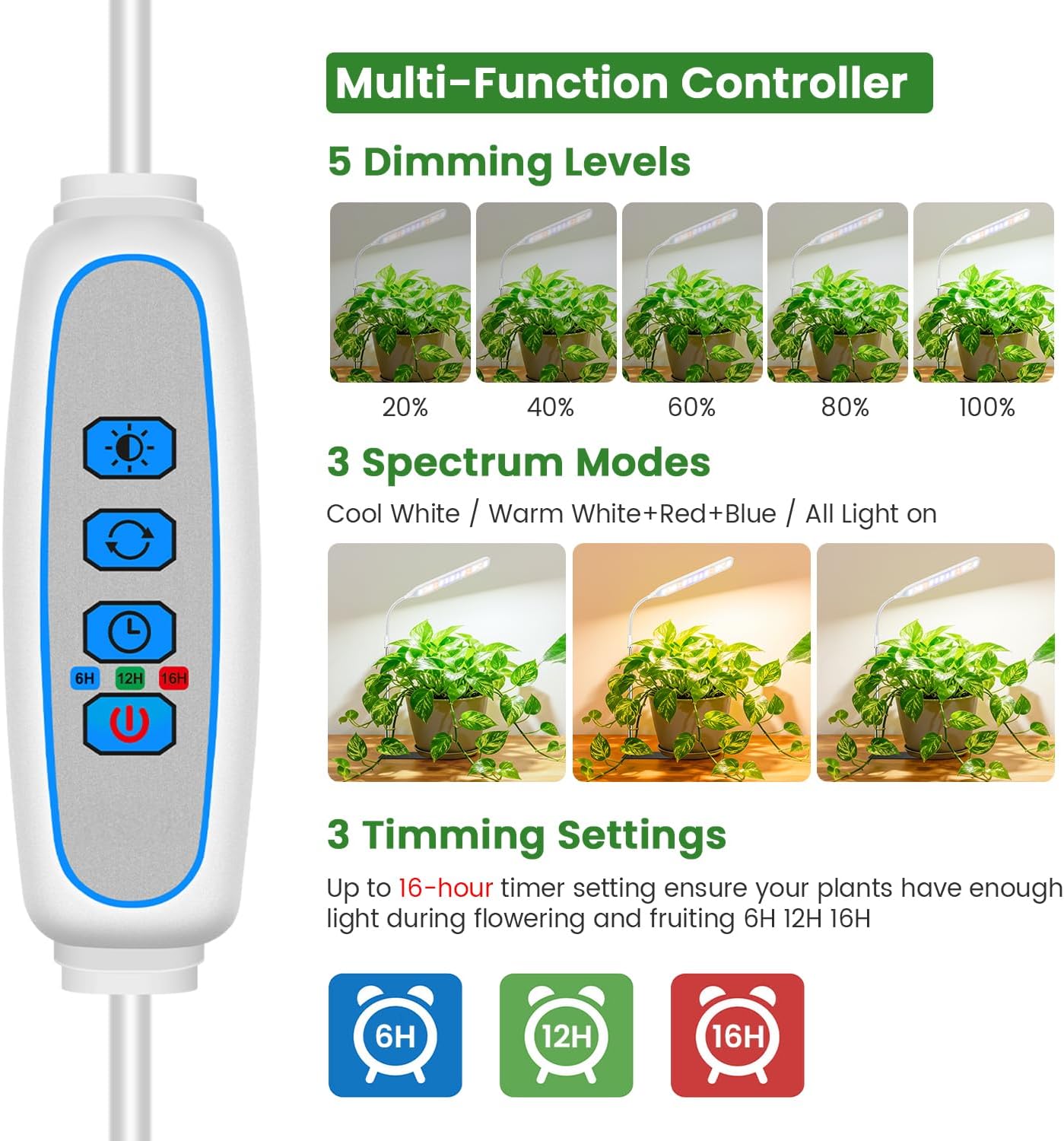 Wolezek Grow Light for Indoor Plants, 52 LEDs Full Spectrum Plant Grow Light with Base, Height Adjustable Grow Lamp with Auto Timer 6/12/16H, 5 Dimmable Brightness, for Small Plants, White, 2-Pack