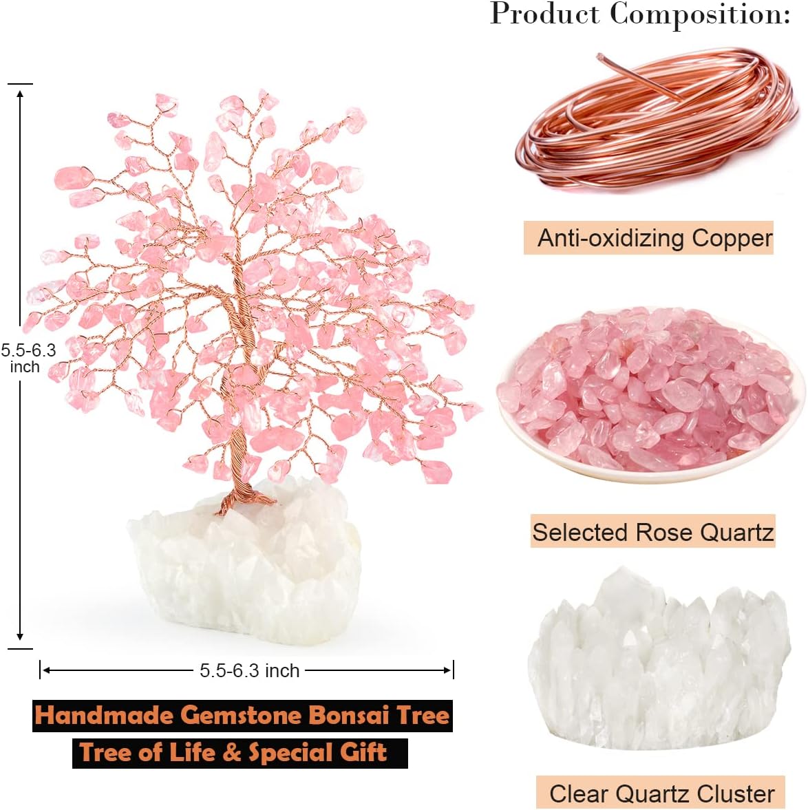 Gemstone Crystal Tree of Life,Natural Rose Quartz Clear Quartz Cluster Base,Healing Crystal Positive Energy Bonsai Feng Shui Money Tree Home Decor for Luck and Wealth 5.5"-6.3"