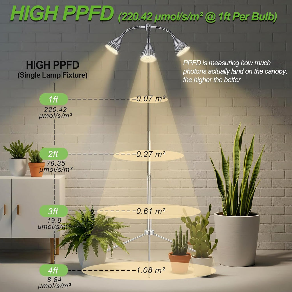 Grow Lights with 3 Heads for Indoor Plants, 10-55 Inches Height Adjustable Aluminum Alloy, Full Spectrum Plant Growing Lamps with Detachable Tripod Stand, Auto On/Off Timer